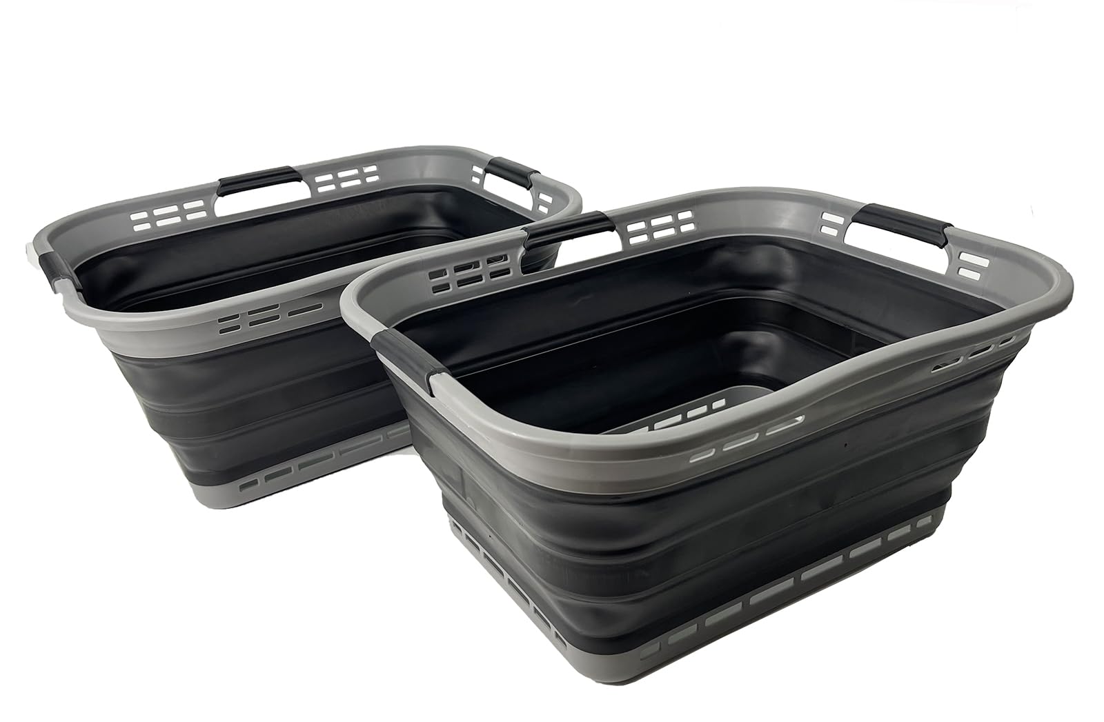 SAMMART Set of 2 Collapsible Plastic Storage Basket - Foldable Pop Up Storage Container - Portable Laundry Organizer - Space Saving Hamper (Grey/Black, 42L (Style A))