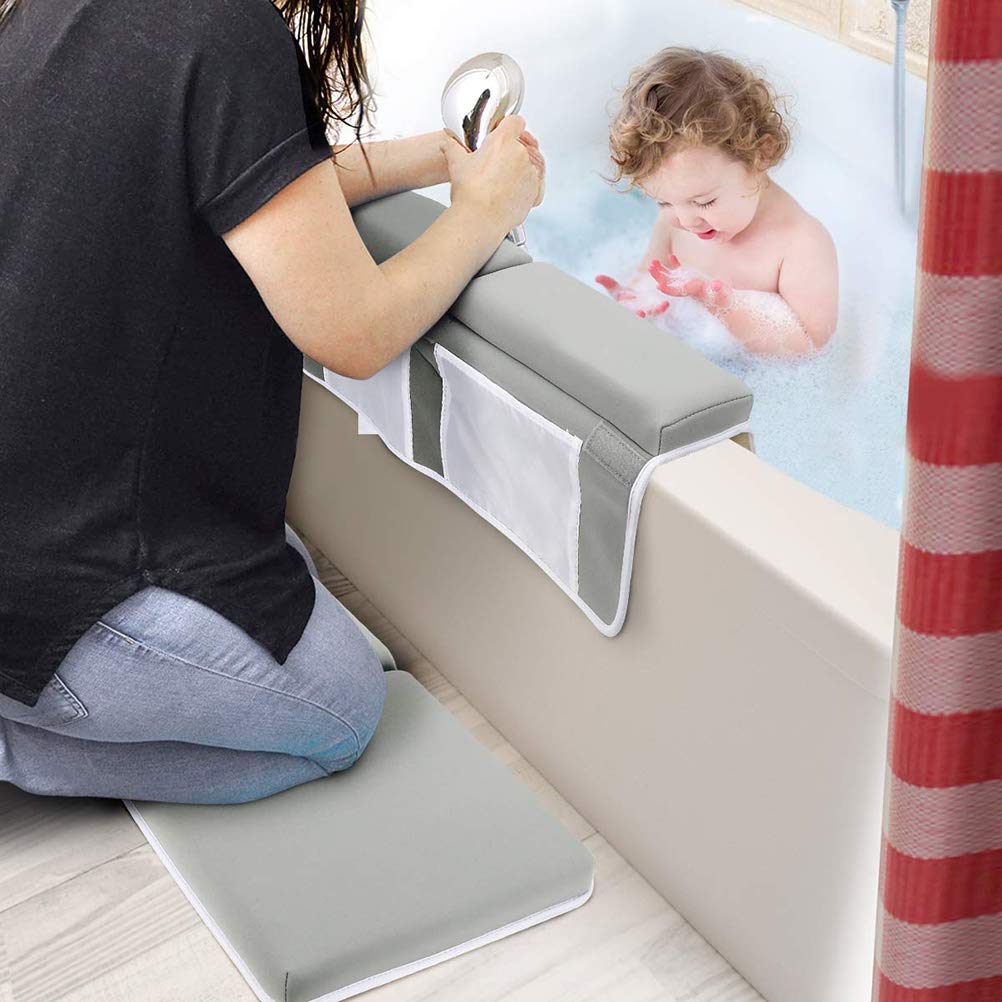Juego de rodilleras y coderas de baño para bebé, 1.5 pulgadas de grosor, reposabrazos con 4 bolsas de almacenamiento de juguetes y almohadilla antideslizante para la bañera, cojín de baño lavable para