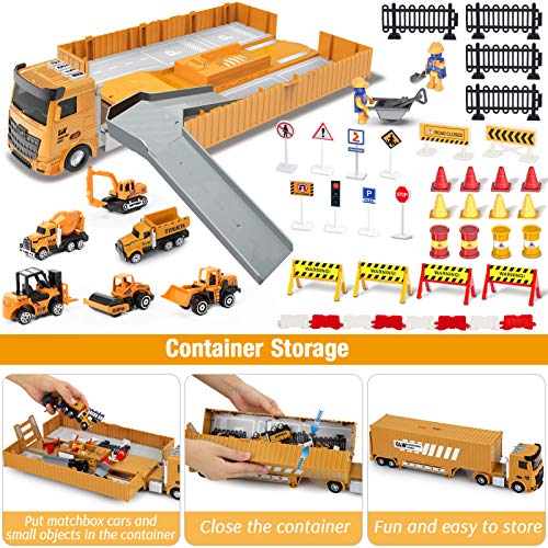 Kids Construction Site Vehicles Toy Set - Tractor Truck with Matchbox Bulldozer, Forklift, Steamroller, Dump, Cement Mixer, Excavator Digger, Crane, Christmas Birthday Gifts for 2 3 4 5 Years Old Boys
