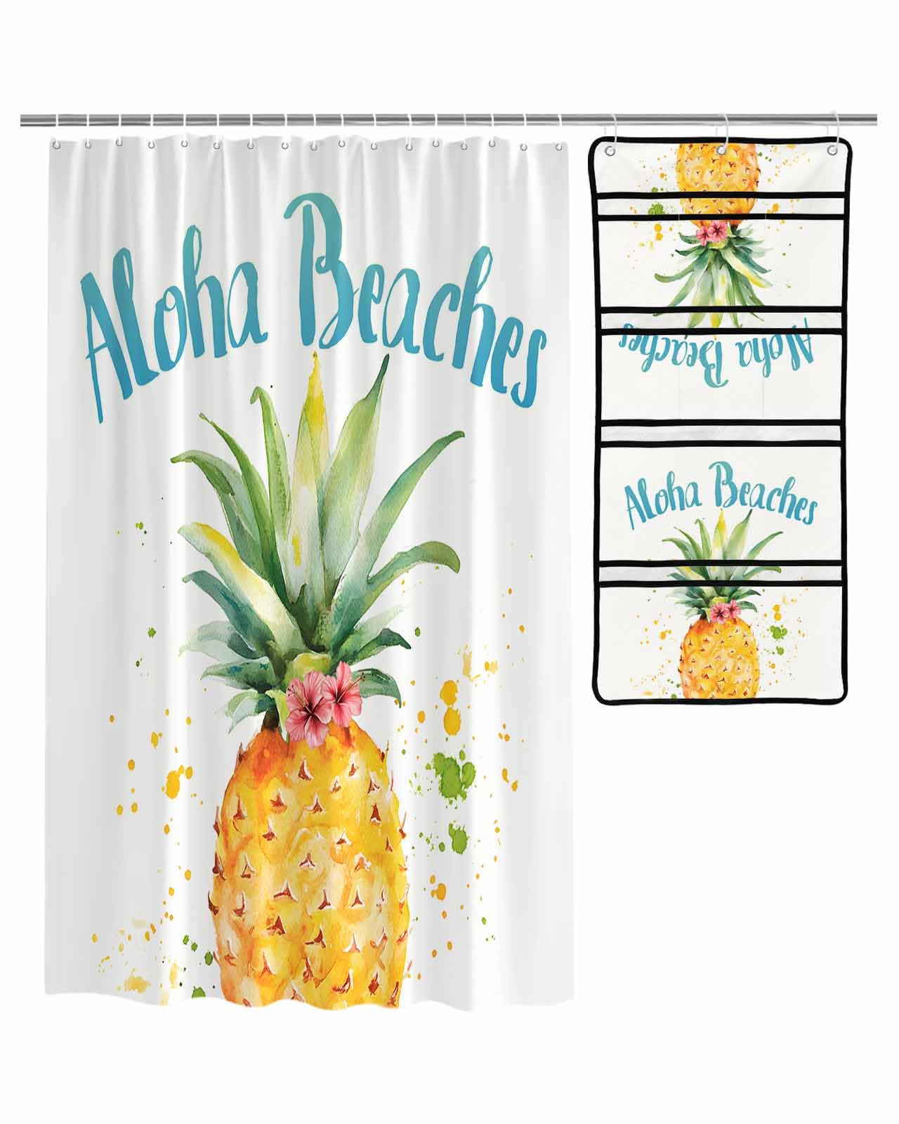 ZFUNCING Shower Curtain Mesh Shower Organizer Set Watercolor Yellow Pineapple Flower Waterproof Bath Curtains Hanging Shower Caddy Bathroom