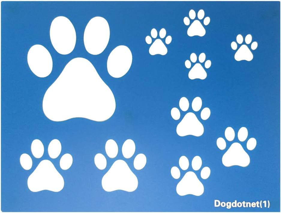 Dogdotnet First Dog Cat Paw Print Stencils Sheet Template, various Paw Print sizes, 4", 2", 1.5" and 1" Tall