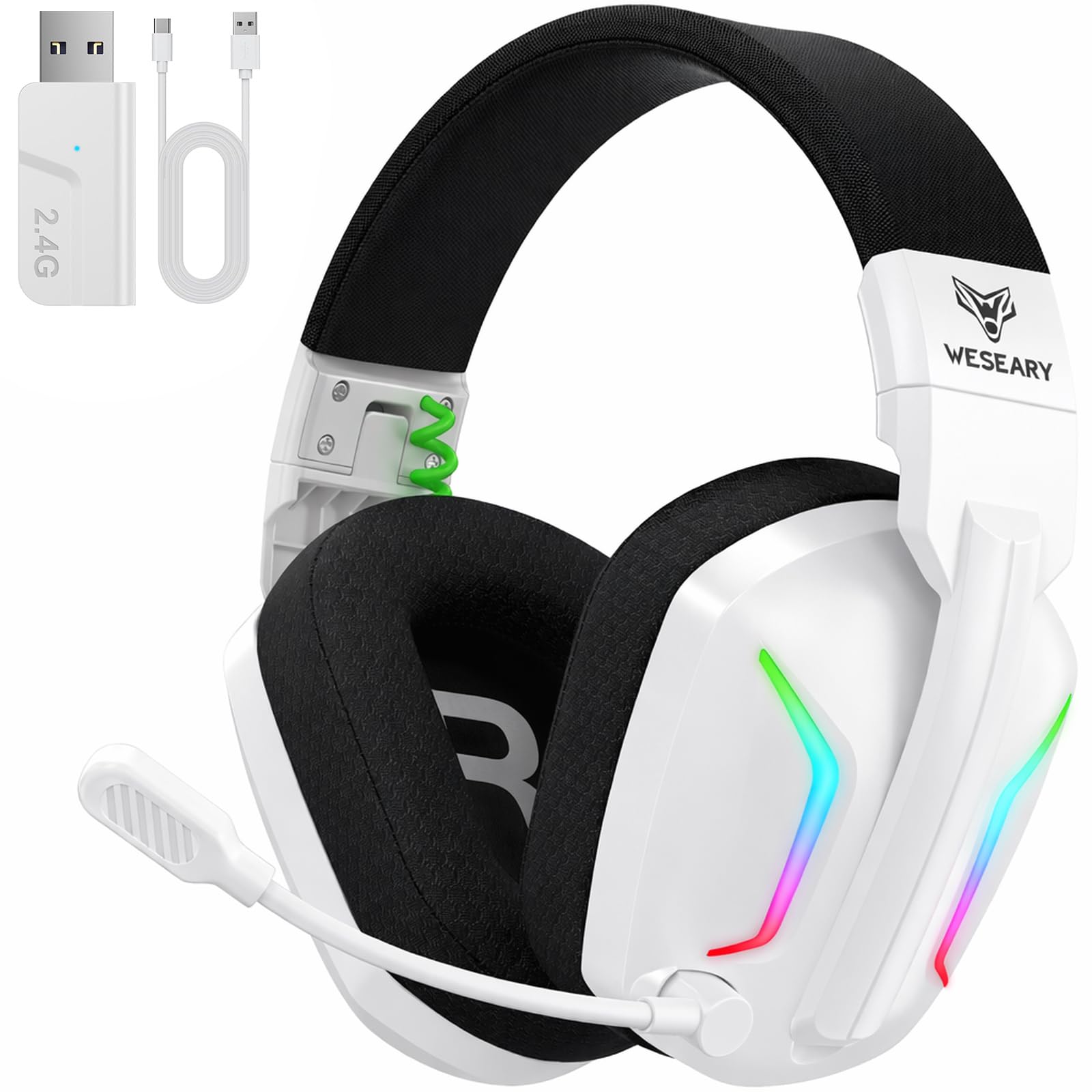 WESEARY WG1 Casque Gaming sans Fil, 2,4 GHz Casque Bluetooth sans Fil avec Micro pour PS5, PS4, PC, Switch, Mac, Mobile, Casque Gaming Pliable avec Son Stéréo et Éclairage LED, Batterie de 50h