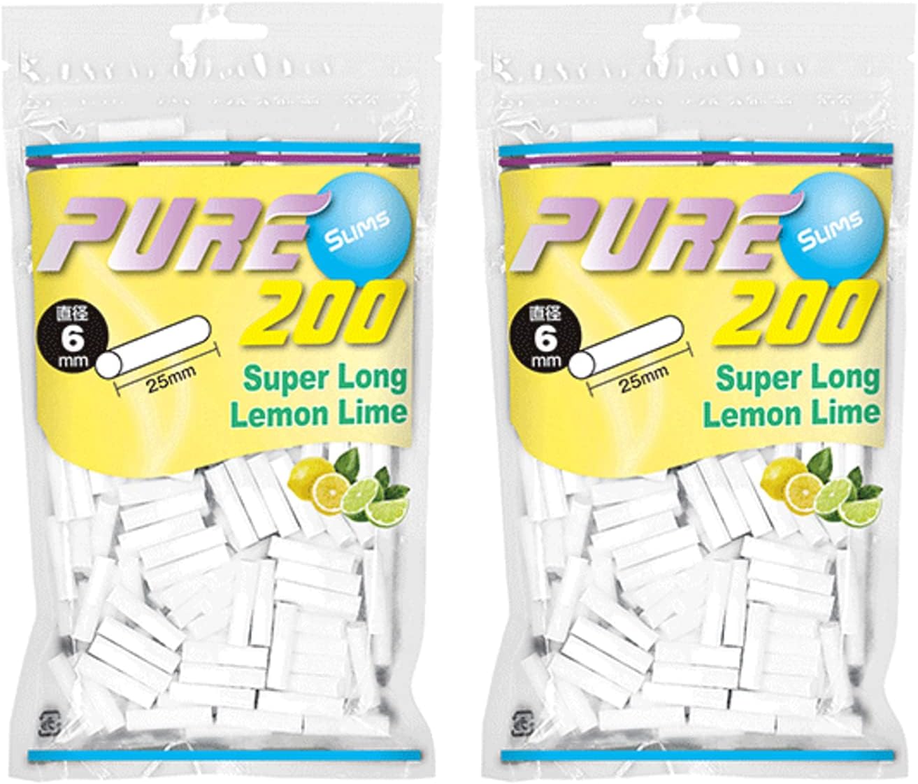 PURE Slim Super Long Lemon Lime Filter, 200 Pack, 0.2 inch (6 mm), 1.0 inch (25 mm), Set of 2, Hand Winding Tobacco Shag