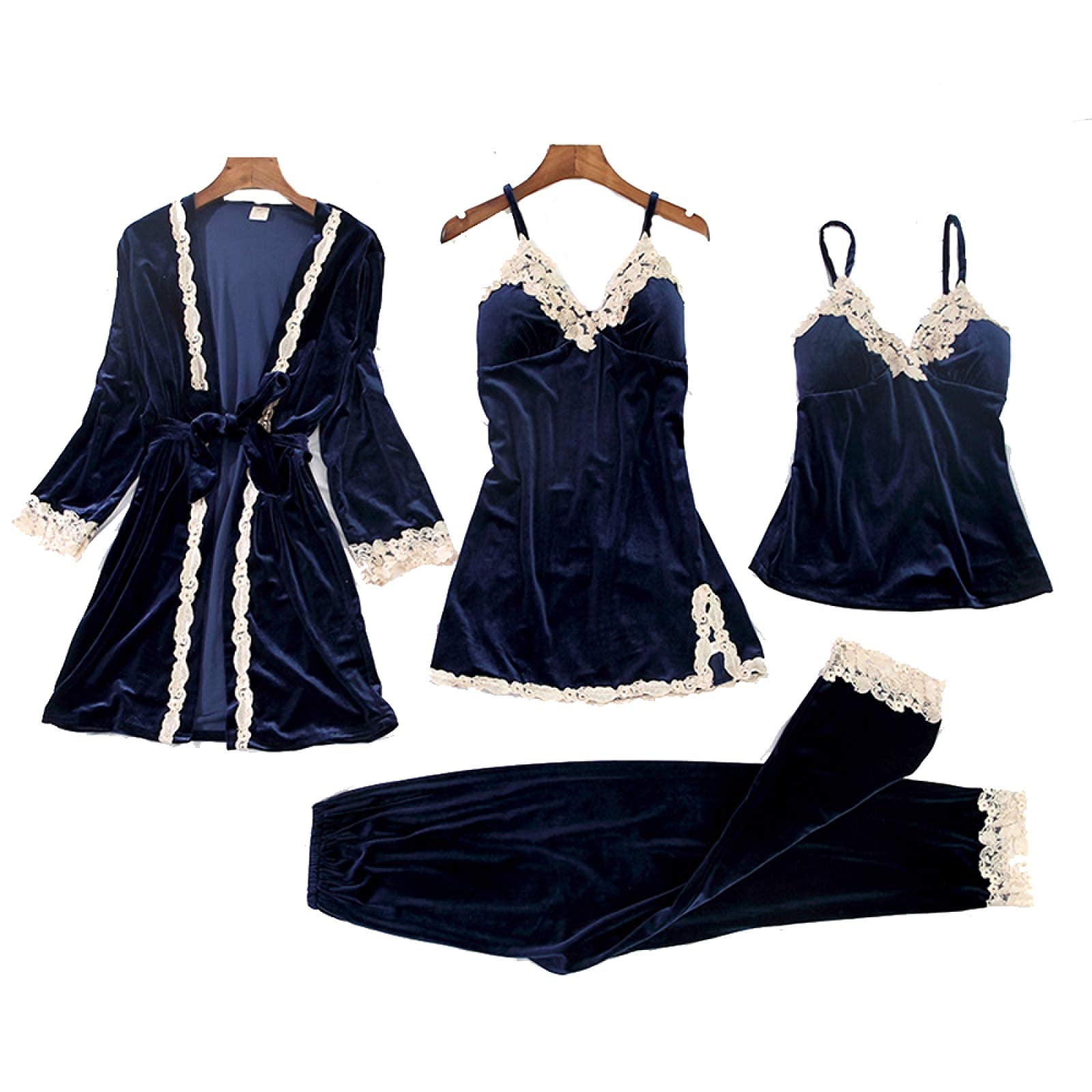 CFWSHJ Sexy Pyjama-Sets für Damen, 4-teilig, Seide, Satin, Spitze, Nachtwäsche, Robe, Hosen, Nachthemd, Hosen, Dessous, Pyjama, Blauw-l (Blauw XL)