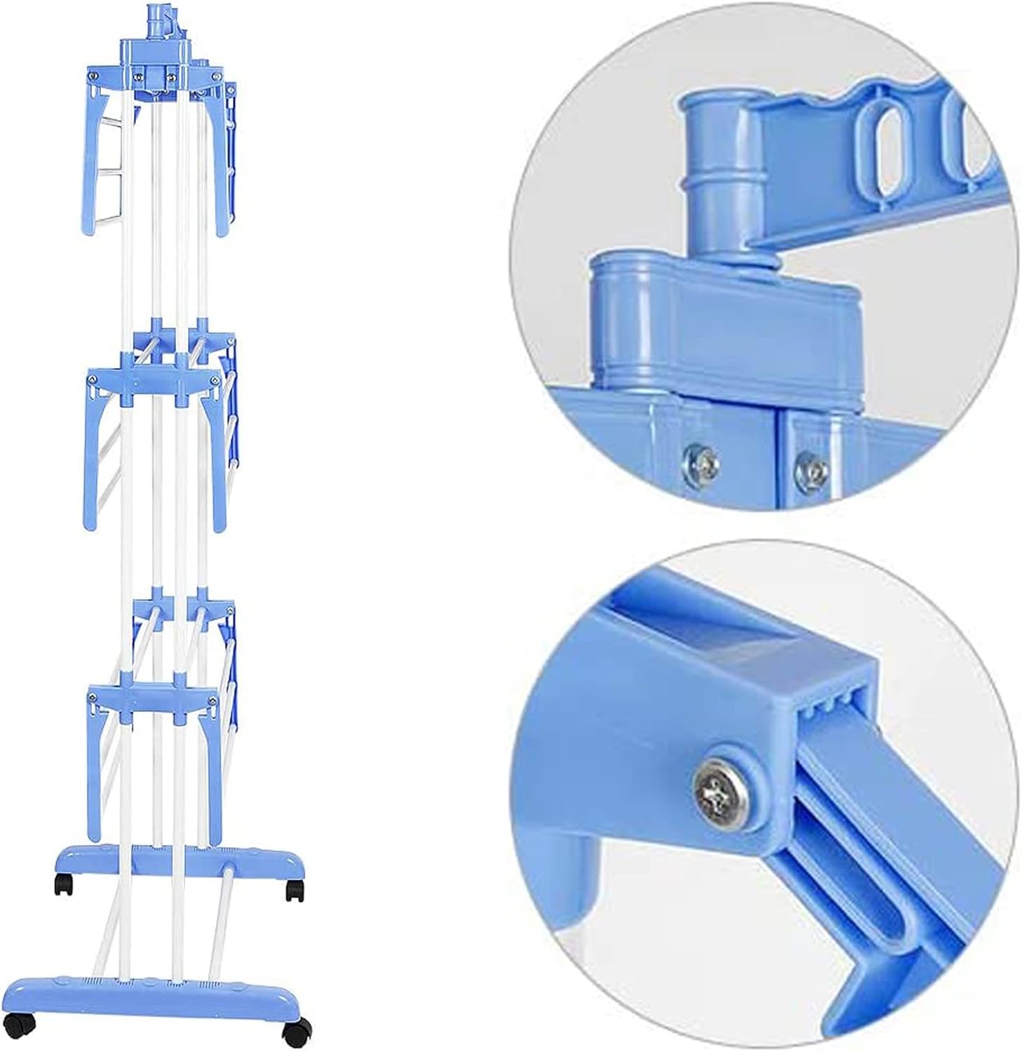 4-Tier Foldable Clothes Drying Rack with Casters, Tall Metal Garment Hanger for Indoor/Outdoor Laundry, Space-Saving Airer in Blue - Perfect for Home Use!