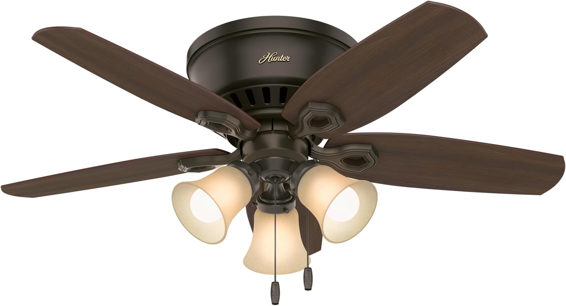 42 inch Indoor Ceiling Fan with LED Lights - Bronze Ceiling Fan with Pull Chain, For Bedroom, Living Room, or Kitchen, Low Profile Flush Mount, No Remote, 5 Blades - Builder 51091, New Bronze