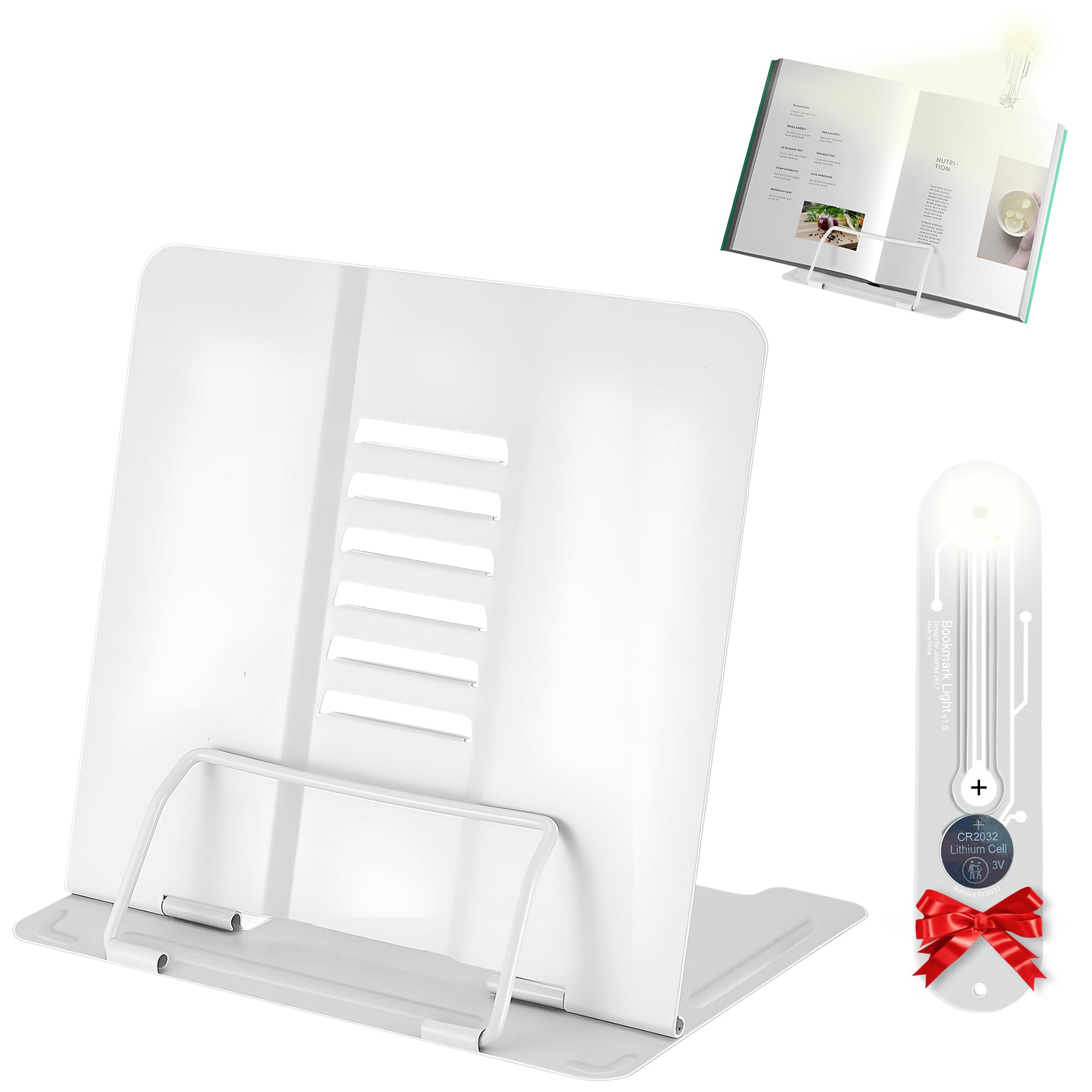 MAJIMOL (Pack) Atril para Libros Metal y Marcapáginas con Luz - Atril Portatil con 6 Ángulos Ajustables - Atril Estudio Plegable y Lectura Nocturna (Gris)