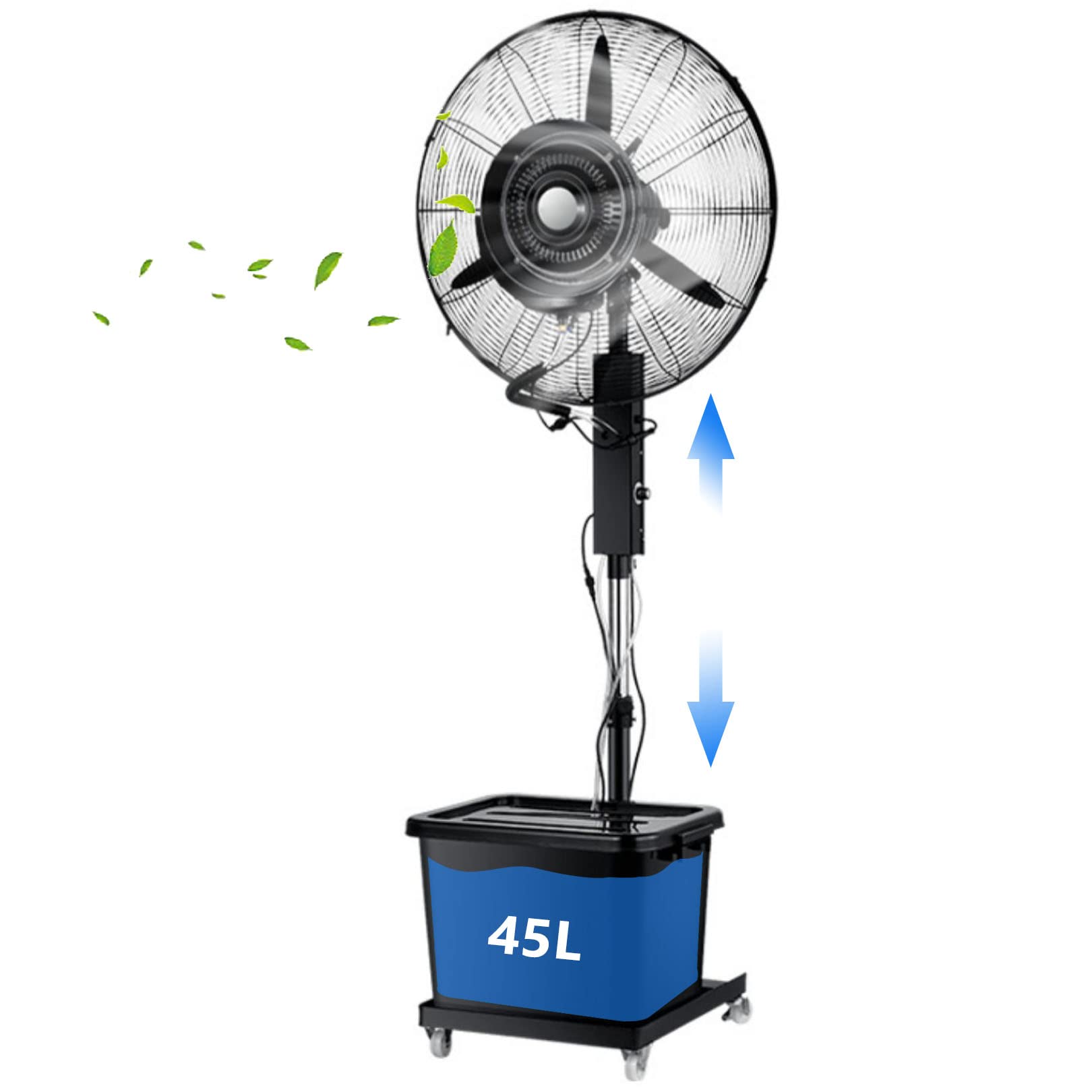 AYCDL Misting Fan Outdoor, Pedestal Fan with Adjustable Height, 3 Speeds, 90° Oscillation, Cooling Fan for Patio, Garden, Backyard, Black