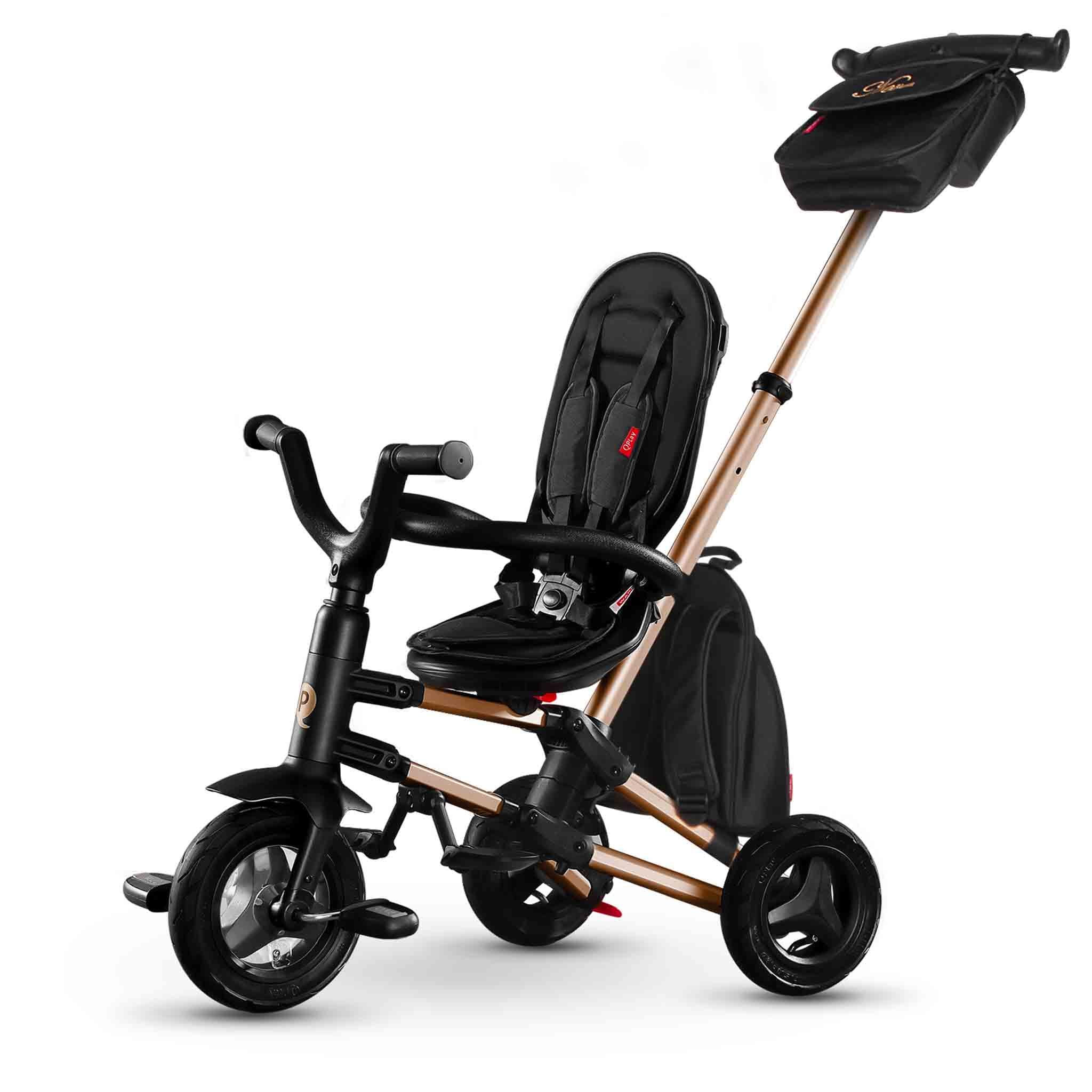 Triciclo Evolutivo pieghevole QPLAY Nova Golden Limited Edition 6 in 1 con zaino portaoggetti, fronte strada e fronte mamma, reclinabile, adatto a bambii da 10 a 72 mesi, portata fino a 25 kg