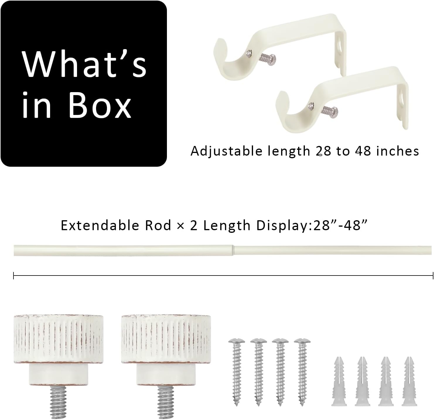 5/8" single Curtain Rod with Bouton Finials (Weathered White, 28"-48")