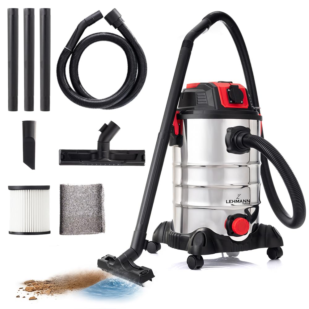 LEHMANN Industriestaubsauger mit Steckdose 2000W, Nass Trockensauger mit 30L Metallbehälter, Blasfunktion, HEPA und Schaumfilter, Filterrüttler, Allessauger ohne Beutel für Werkstatt und Baustelle