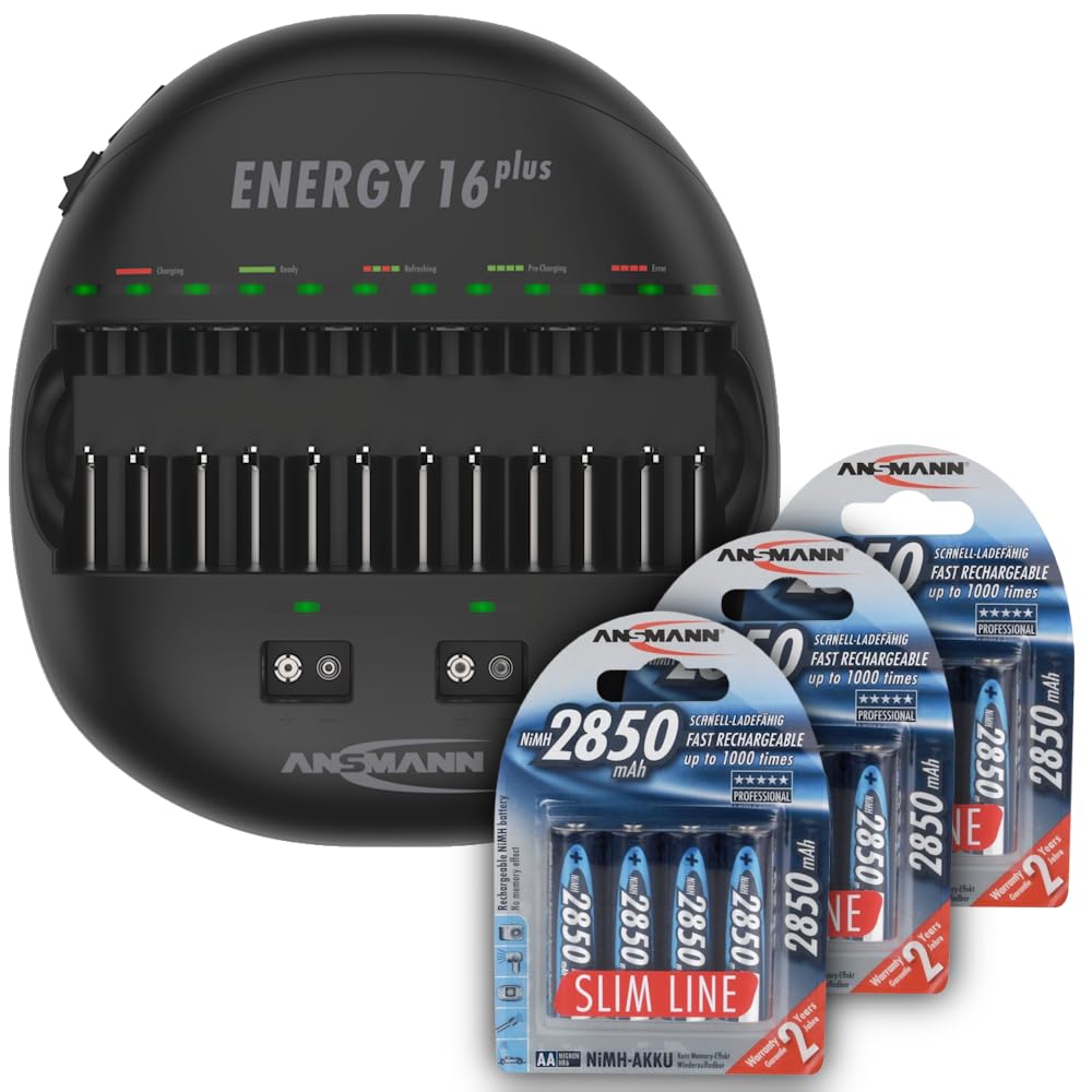 Si elu gbadata view of the ANSMANN Energy 16 Plus charger with various batteries inserted