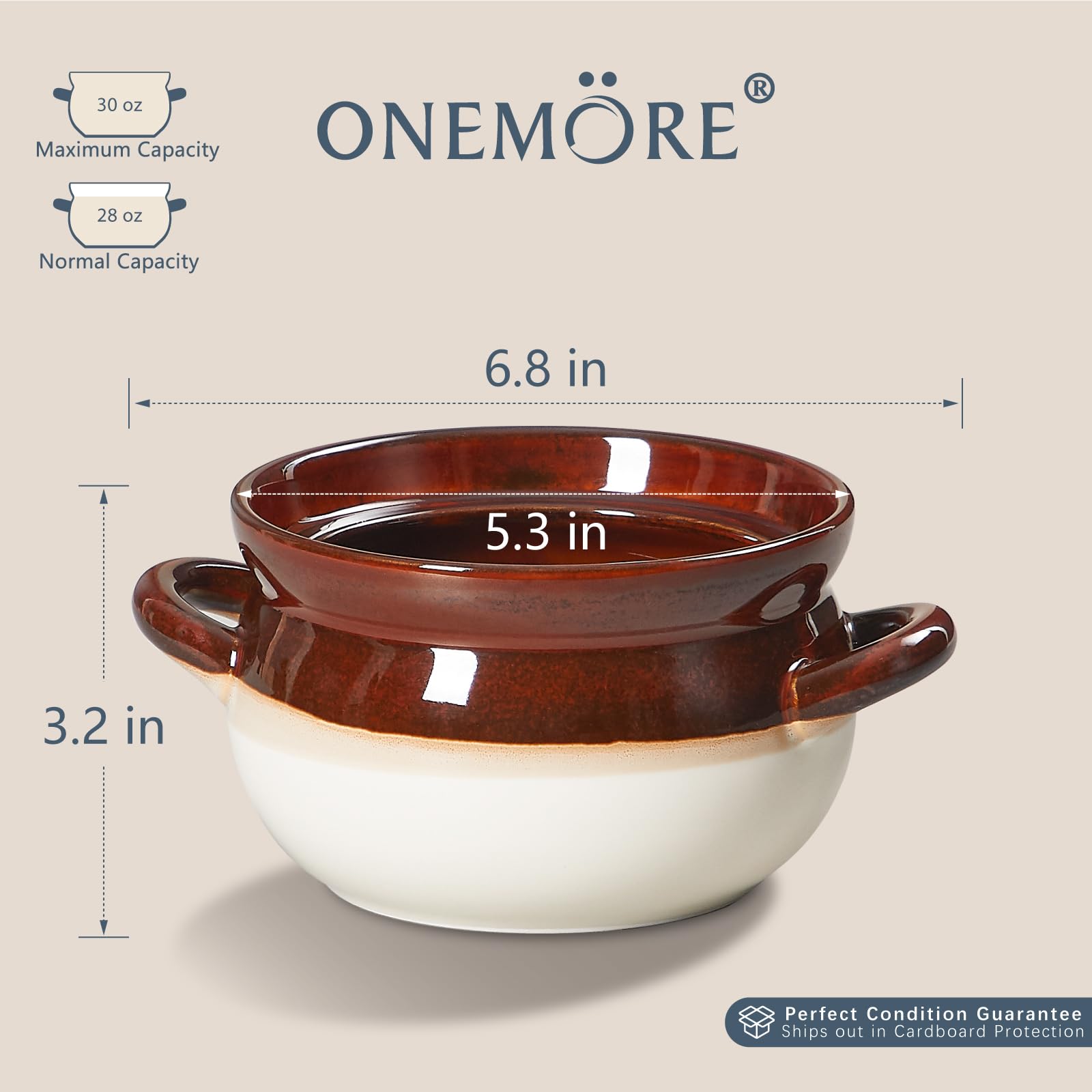 ONEMORE Cuencos de sopa de cebolla francesa, recipientes de sopa aptos para horno con asas, 28 onzas, cuencos grandes de cerámica para chile, guiso de res, cereales, pasteles de olla, cacerolas