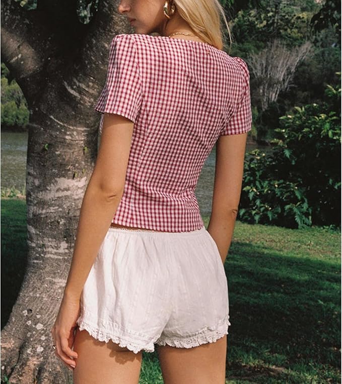 Y2k Button Up Shirt Women Short Sleeve Coquette Preppy Top Cute Vintage Button Down Slim Fitted Crop Gingham Blouse4