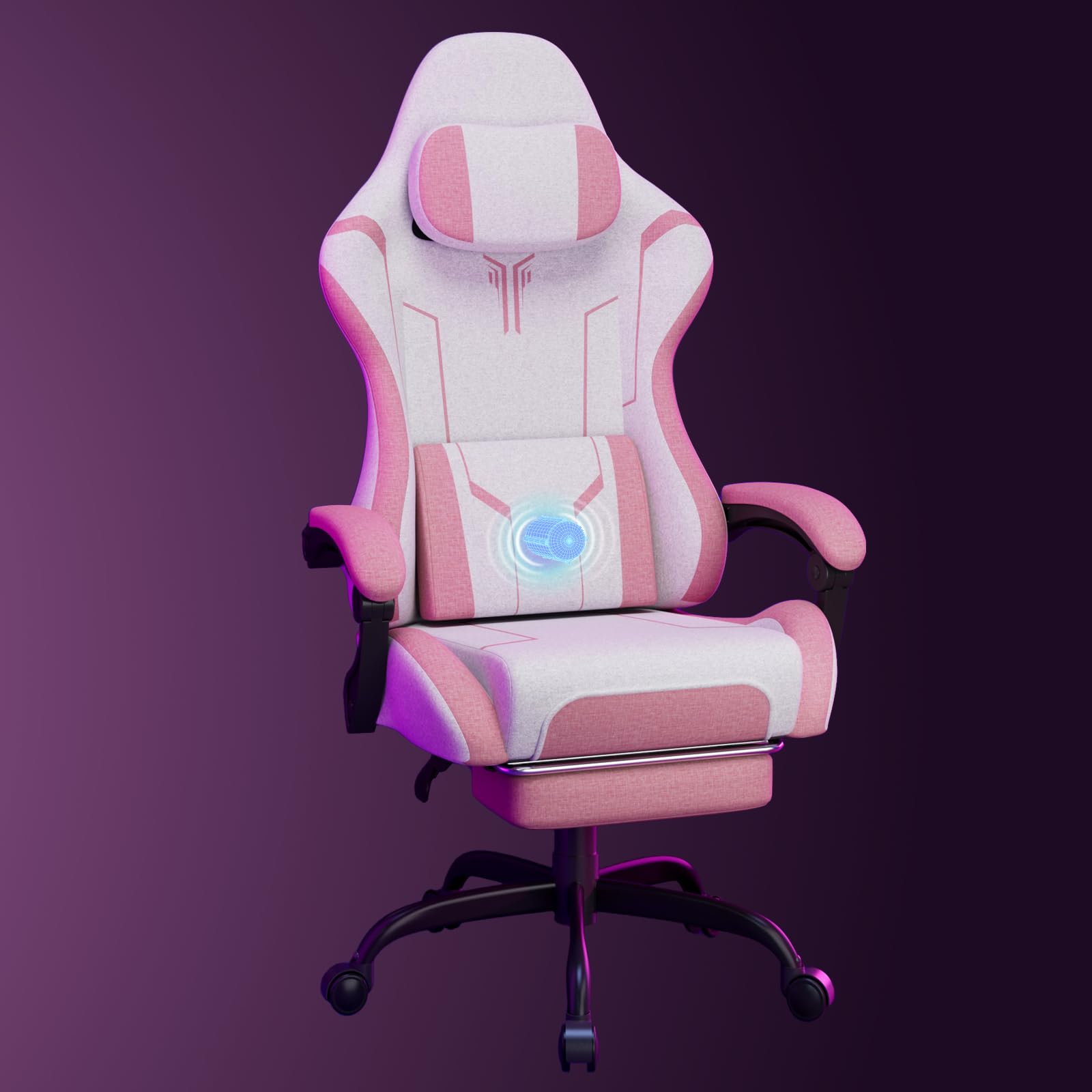 Soontrans Silla Gaming con Masaje Lumbar Silla Gamer con Reposapiés Retráctil y Cojín Sillas Gaming Respaldos Inclinables hasta 135 Grados Capacidad de Carga de 150 kg (Rosa)