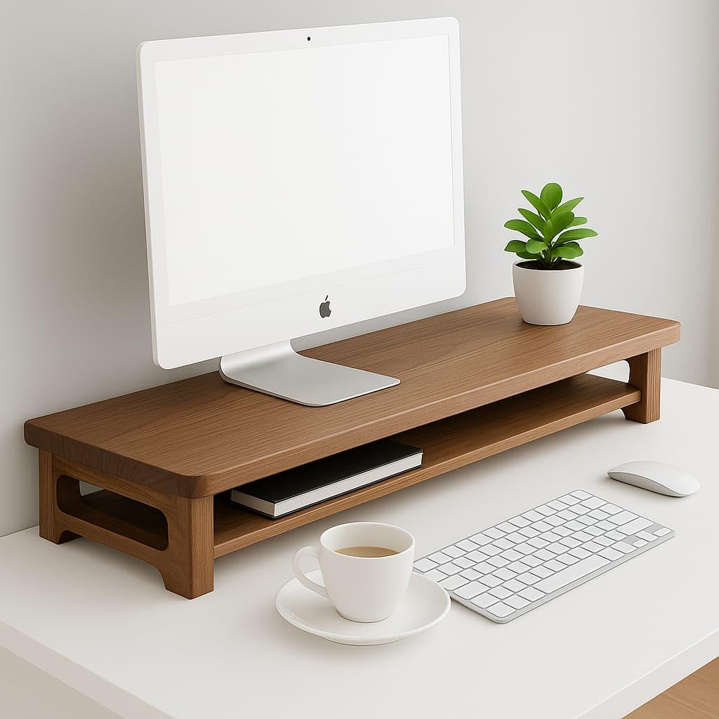 wooden friend 66cm Long Wooden Monitor Stand with Storage Organizer for Desk, Tables, Office, Home, Studio, Study Table | Desktop Ergonomic Monitor Stand Riser 66x20x11cm (Black Legs)-image-25