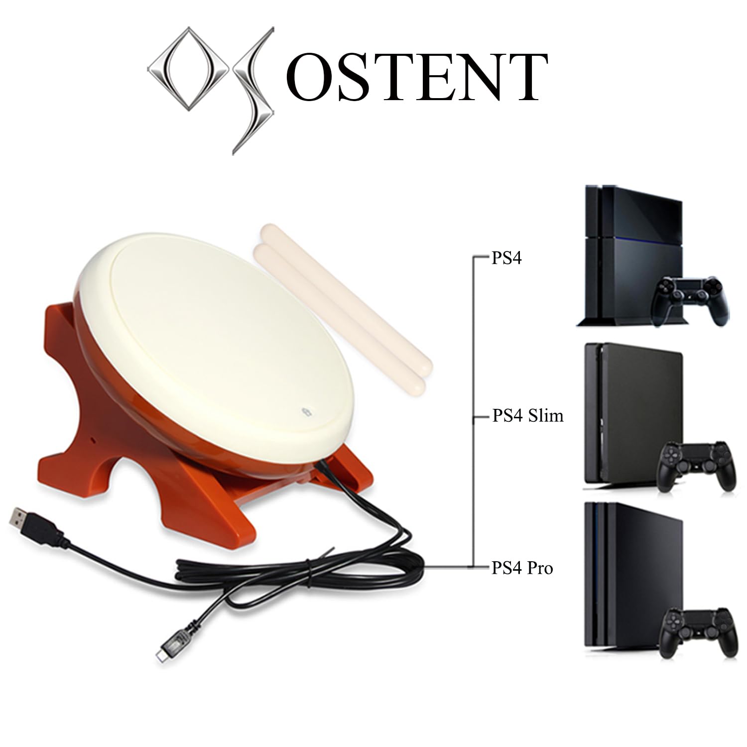 OSTENT Tamburo Controllore Bacchette Strumento Tradizionale Giapponese per Sony PS4 Slim Pro Taiko No Tatsujin Master Videogiochi