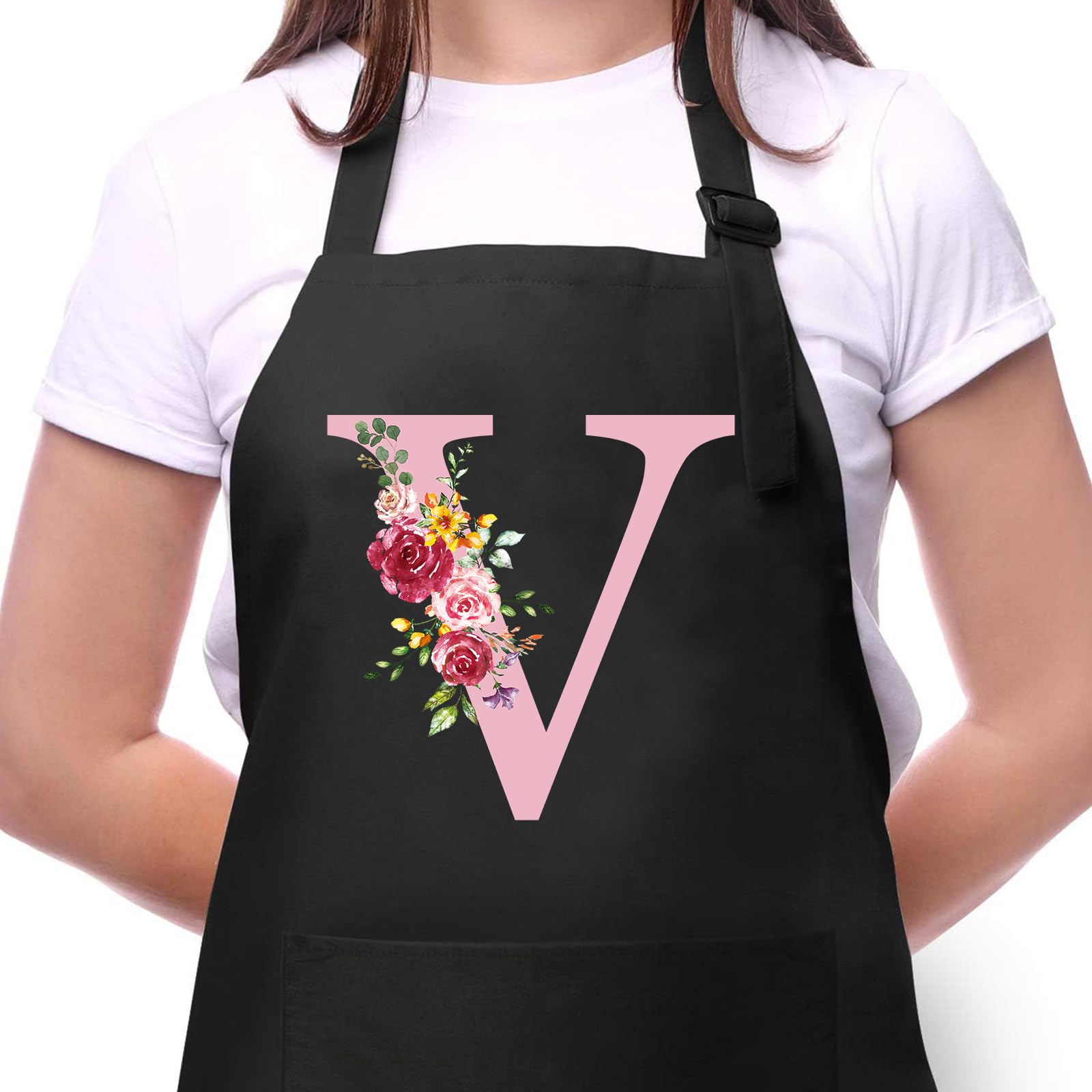 Delantal Cocina Mujer con Inicial y Flores, Delantales Impermeables con Bolsillos, Delantal de Barbacoa Ajustables para Cocina Café Jardinería Hornear, Regalo de Cumpleaños para Mamá Esposa Abuela V