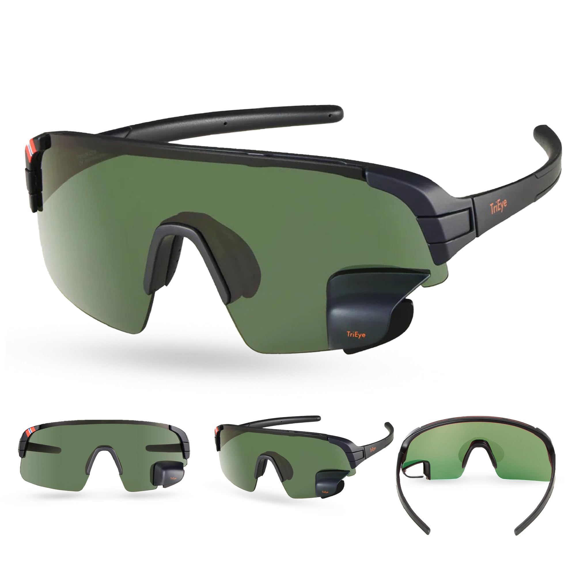 TriEye Cycling Glasses with Rearview Mirror, Polarized Cycling Glasses for Men and Women, Scratch Resistant, Clear and Green Lenses, Rear View Glasses for Cycling, Road and Trail (Polarized Smoke)