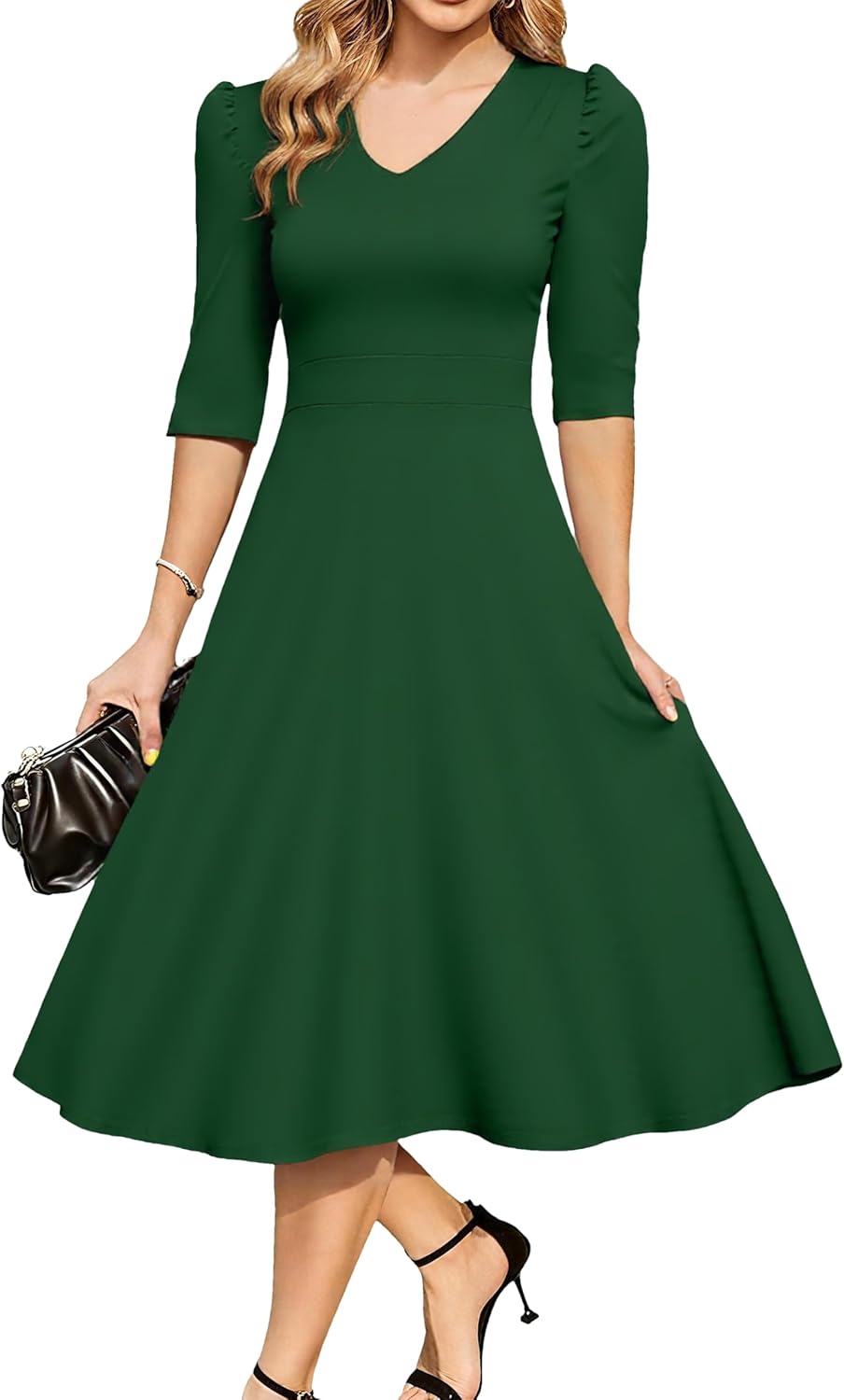 MAKABO Women's 2026 Cocktail Formal Dresses, 3/4 Sleeve V Neck Church Vintage Dress with Pockets for Prom Party