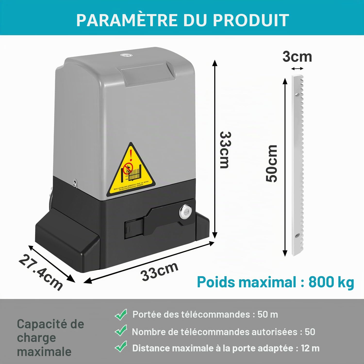 370W Moteur de portail battant Automatique Moteur de portail coulissant 12M ouvre-porte de garage jusqu'à 800 kg, portée de la télécommande 50M, avec 2 télécommandes