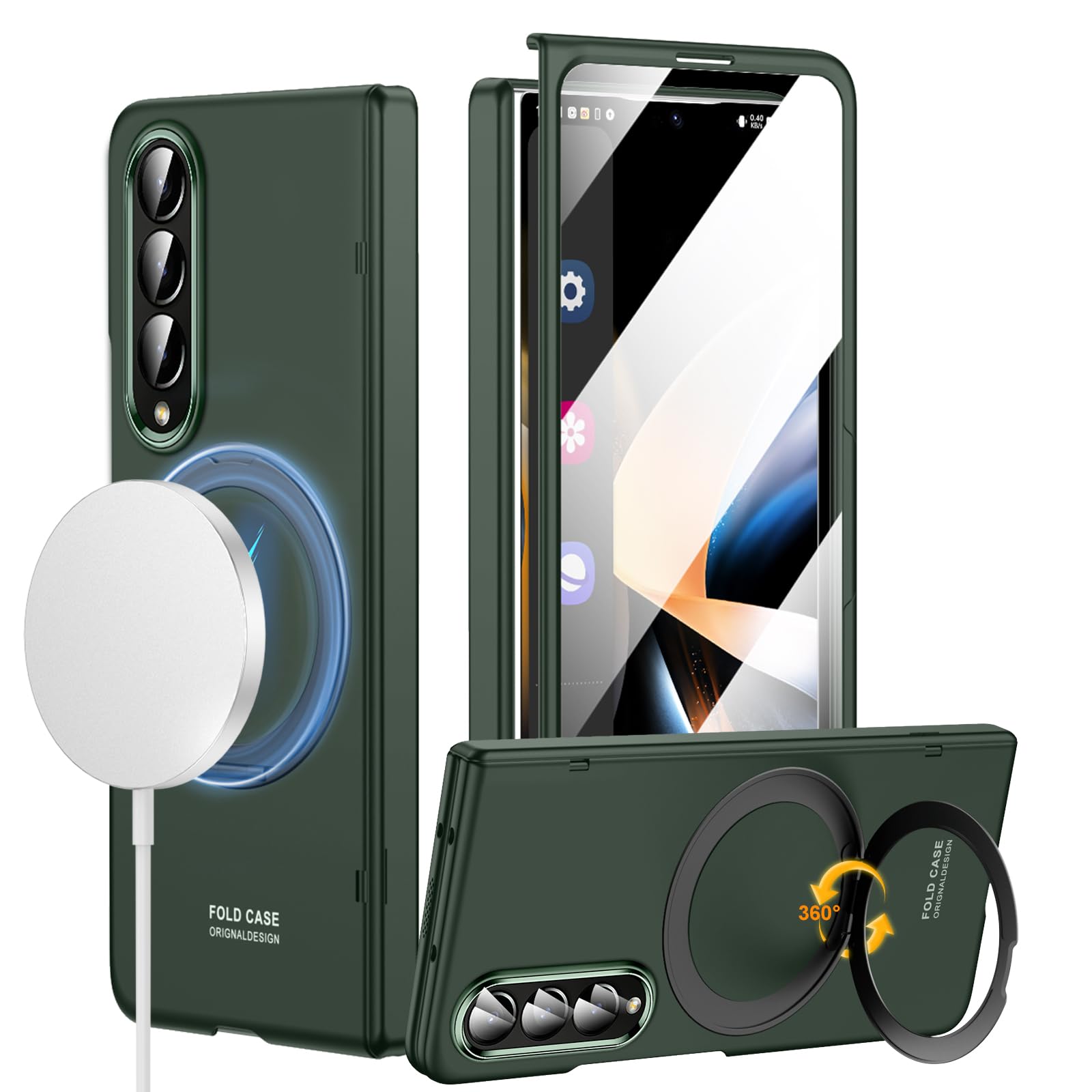 zifiuzem for Samsung Galaxy Z Fold 4 Case with MagSafe, Built-in 360° Magnetic Rotatable Ring Stand, Screen Protector & Hinge Protection, Full Body