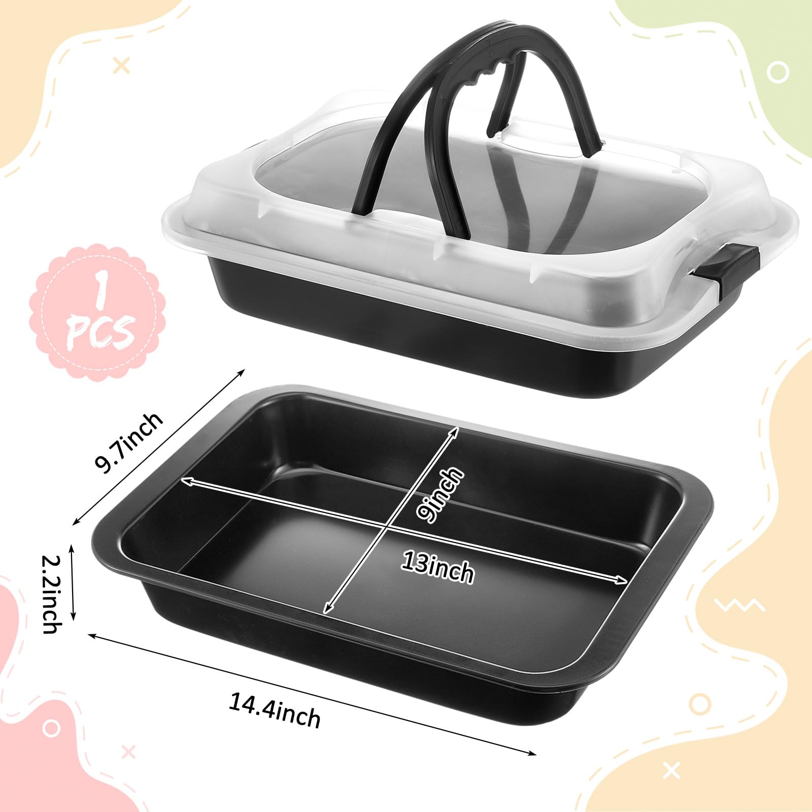 Qinyoung 1 Pcs Cake Baking Pan with Lid and Handle, 9 x 13 Inch Non-stick Rectangle Sheet Cake Pan Carrier for Brownie Roasting Cooking Baking (Black)