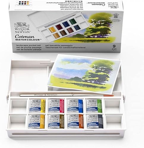 Winsor & Newton Cotman - Juego de pintura de acuarela, 8 medias bandejas, colores de paisaje con pincel, gris, verde, amarillo