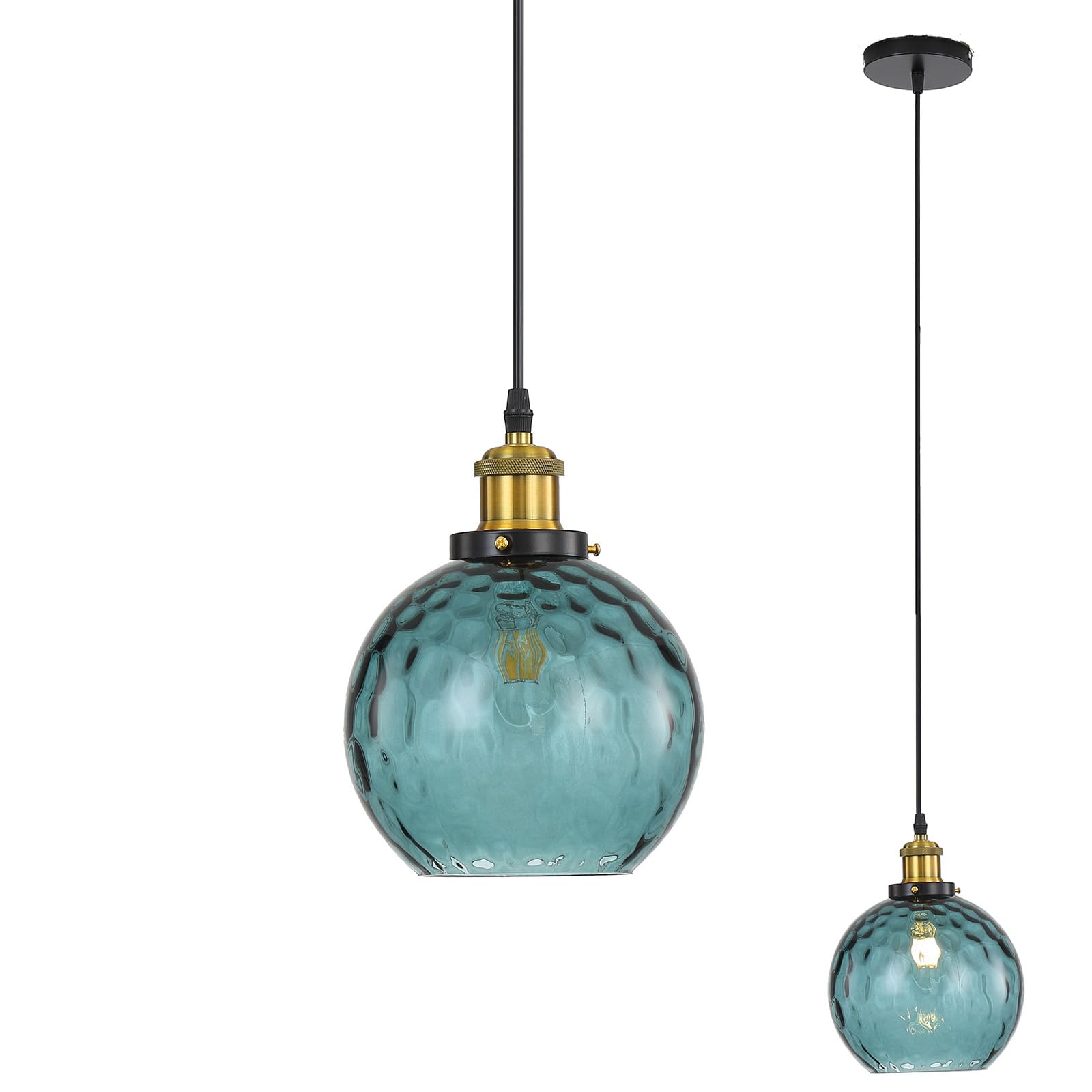Luz Colgante de Bola de Cristal de 15cm, Lámpara Colgante de Techo Retro Industrial con Base de Bronce E27 Lámpara de Araña para Cocina y Comedor (Azul oscuro)