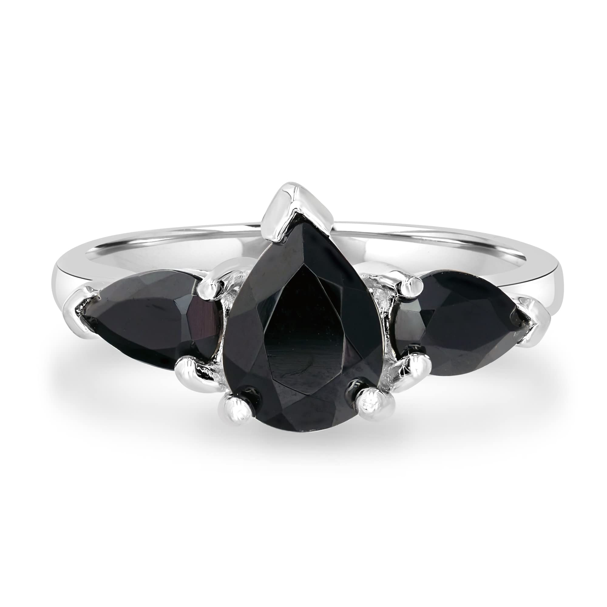 GEMISTRY Natural Classic Pear Gemstone Three Stone Ring with Black Onyx in 925 Solid Sterling Silver for Women | December Birthstone Jewelry Gift for