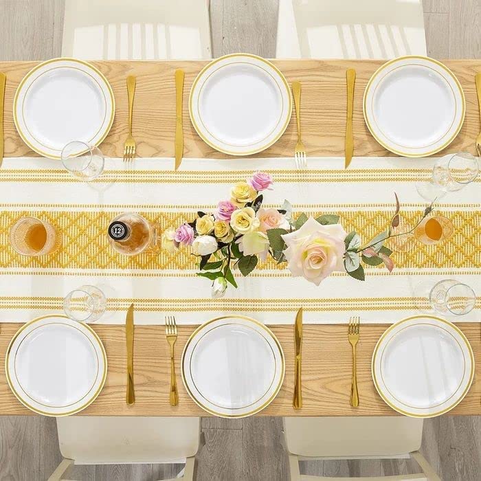 Image of ALSTONIA Luxurious Natural Cotton Handmade Table Runner with Tassels for 6 to 8 Seater Dining Table Self Designer Pattern (14 x 72 inches)-Pack of 1 (Yellow)