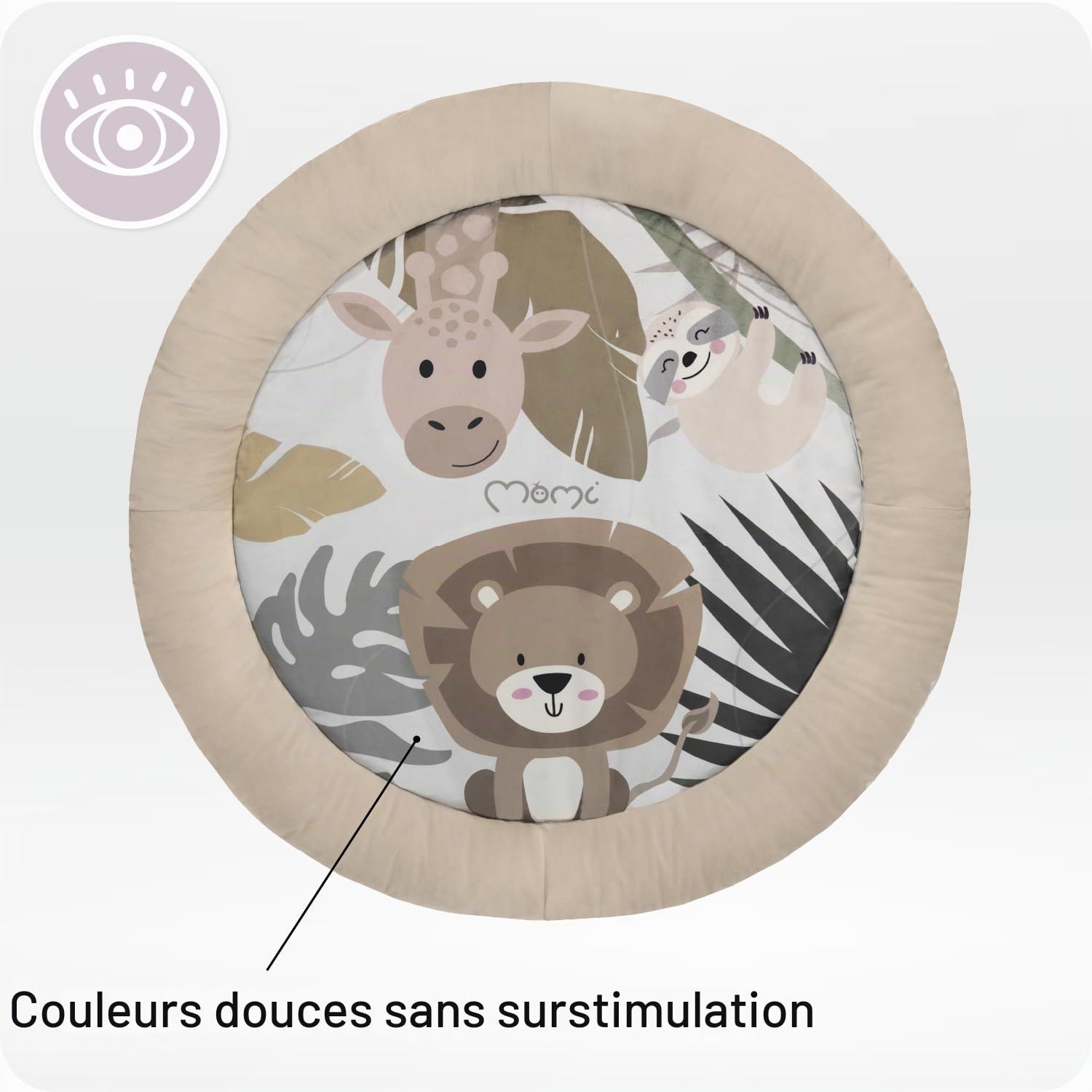 MoMi LUANI Arche de jeu avec tapis d’éveil, Ø 72 cm (à l'intérieur), rebord de 10 cm de haut, 6 jouets lavables: miroir, jouet couineur, girafe en peluche avec hochet, deux anneaux de dentition