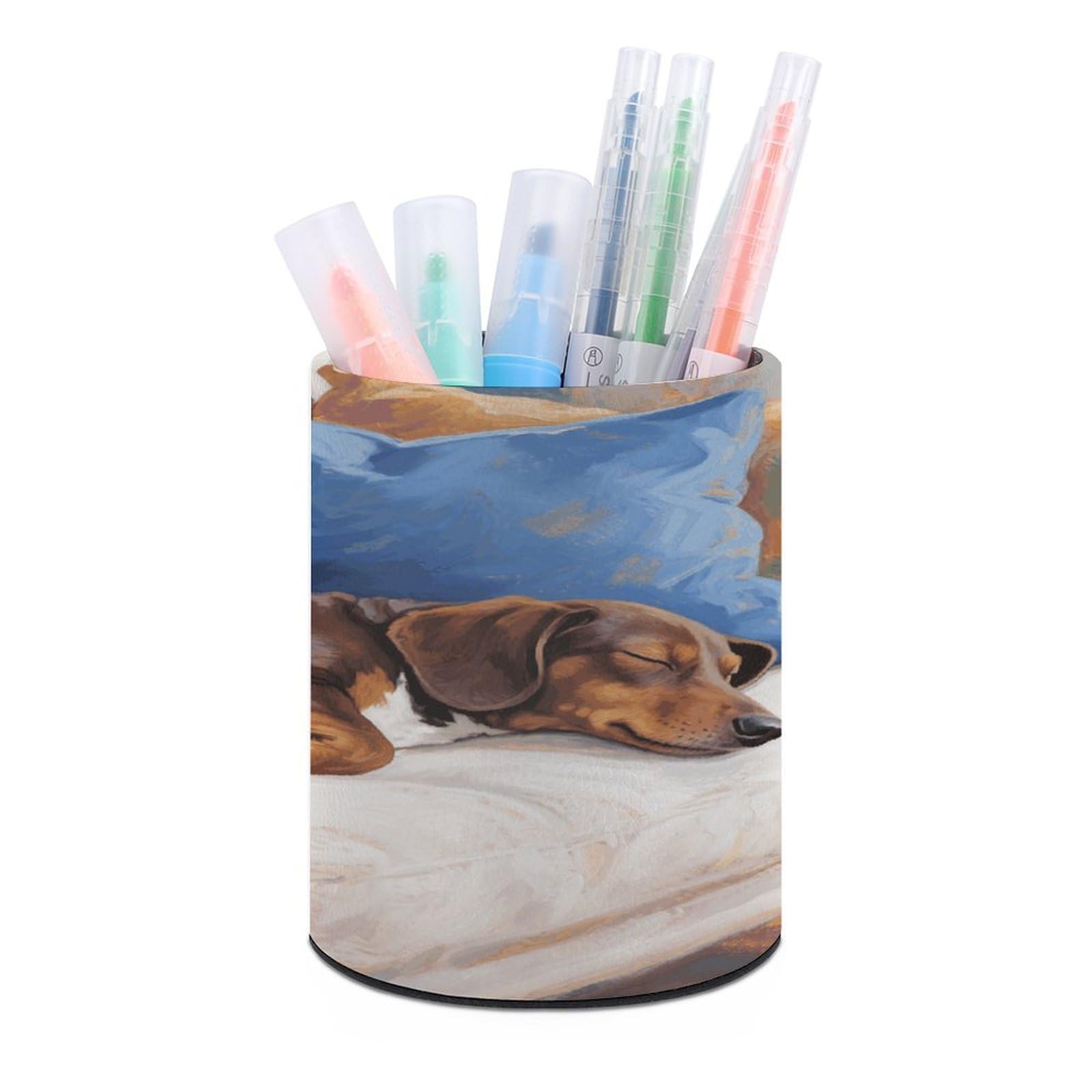 VstaDank Dachshund Pen Holder Round Pencil Holder Cup Pen Container PU Leather Desk Organizer Stand Decorative Brush Scissor Holder Decoration Office Desk Home (3.1 x 3.9 inch)