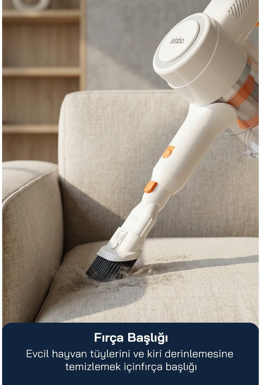 Sinbo SVC-8636 handheld vacuum with brush attachment cleaning a sofa