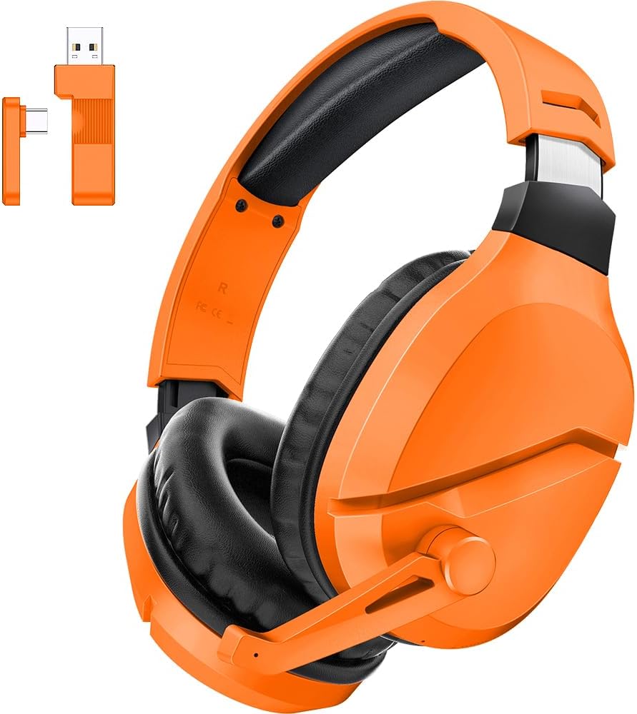 Wireless Gaming Headset with Noise Canceling Microphone for PS5, PC, PS4, 2.4G/Bluetooth Gaming Headphones with USB and Type-c Connector, Wired Mode for Controller – Orange