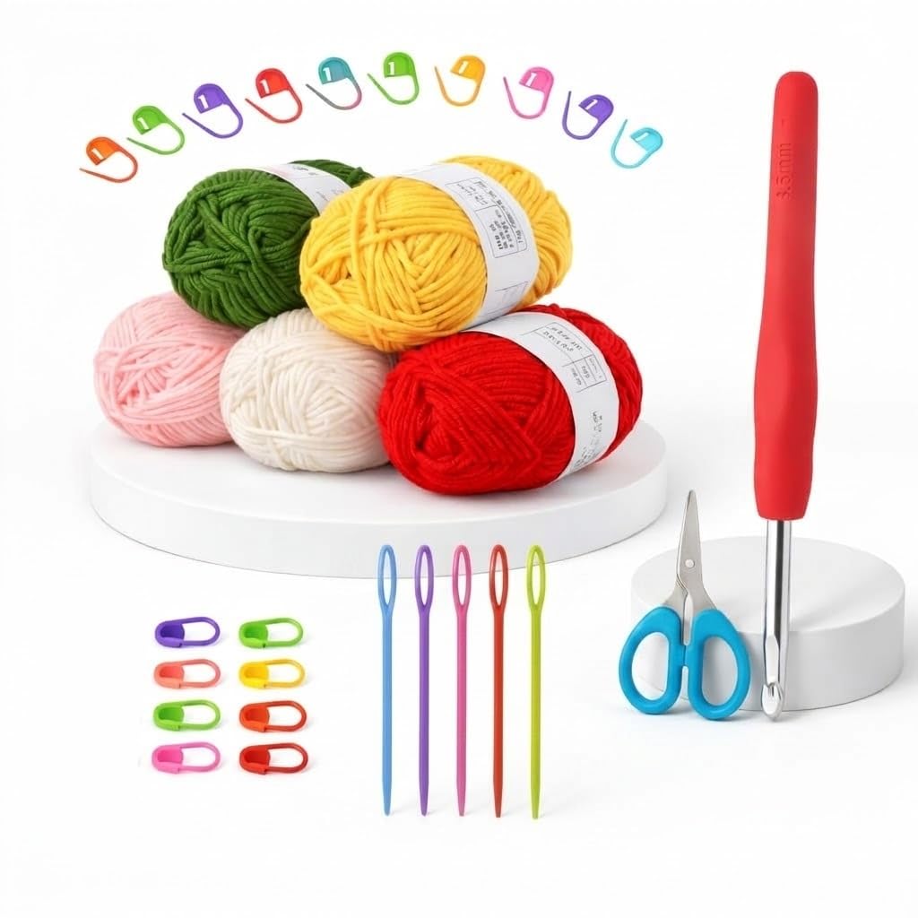 LAKHESHWAR Crochet Kit for Beginners with Yarn, Crochet Hooks, Stitch Markers, Knitting Needles, DIY Tools & Crochet Thread – Complete Crocheting Set for Adults and Kids (Multicolour) (5 Yarn Set)-image-5