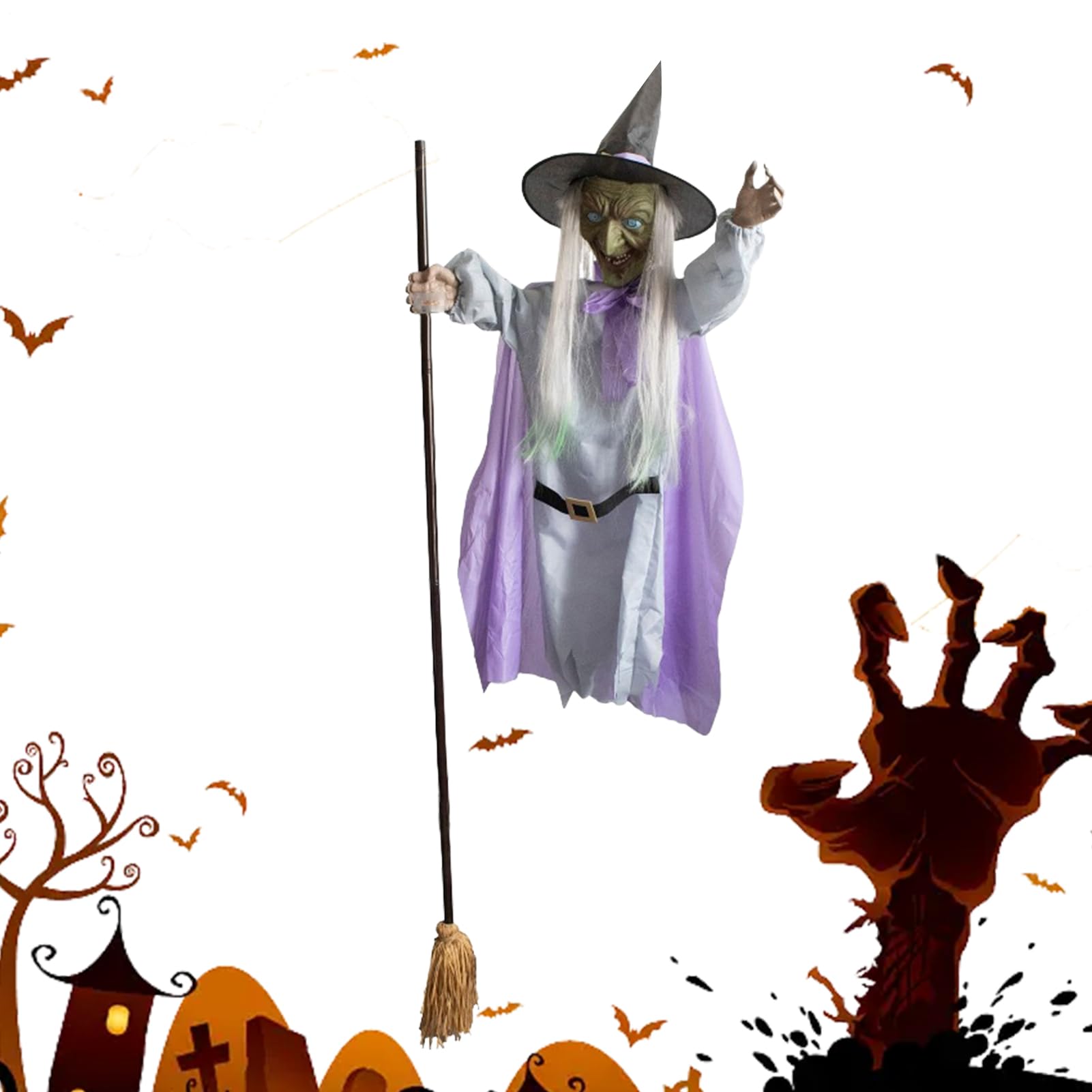 Sorcière Volante Décor Halloween Lumineux pour Extérieur et Jardin
