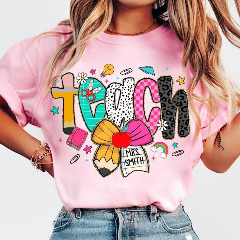 Pencil Coquette Bow and Checkered Leopard Design T-Shirt, Gift for Teachers, Educators, from Students, Parents, Teach Love Inspire Shirt, Back to School Holiday2