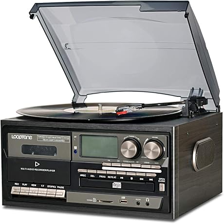 LoopTone Record Player 9-in-1: Vinyl, CD, Cassette, AM/FM Radio, USB, AUX, RCA