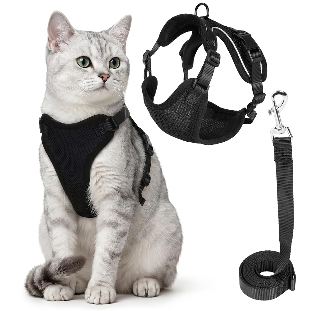Aolso Arnes para Gatos, ArnesGatos Antiescape con Correa 150 cm, Reflectante Ajustable Arne Gato Transpirable Arnes para Perro Pequeño, ArnésGato Pequeño para Caminar Entrenar(Negro,M