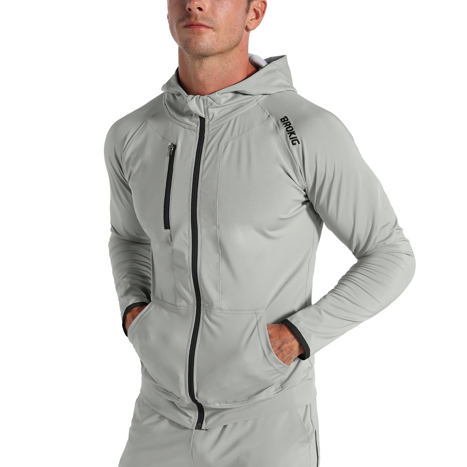BROKIG Muscolo Slim Felpa Leggera Palestra Uomo Bodybuilding Felpe Sportiva con Zip Tasche