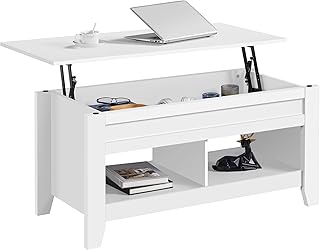 Yaheetech Lift Top Coffee Table, Lift Up Coffee Table for Living Room, Wooden Lifting Coffee Table with Hidden Storage Compartment and Open Shelf for Living Room, White, 104.5 x 49.5 x (48.6-61.5) cm