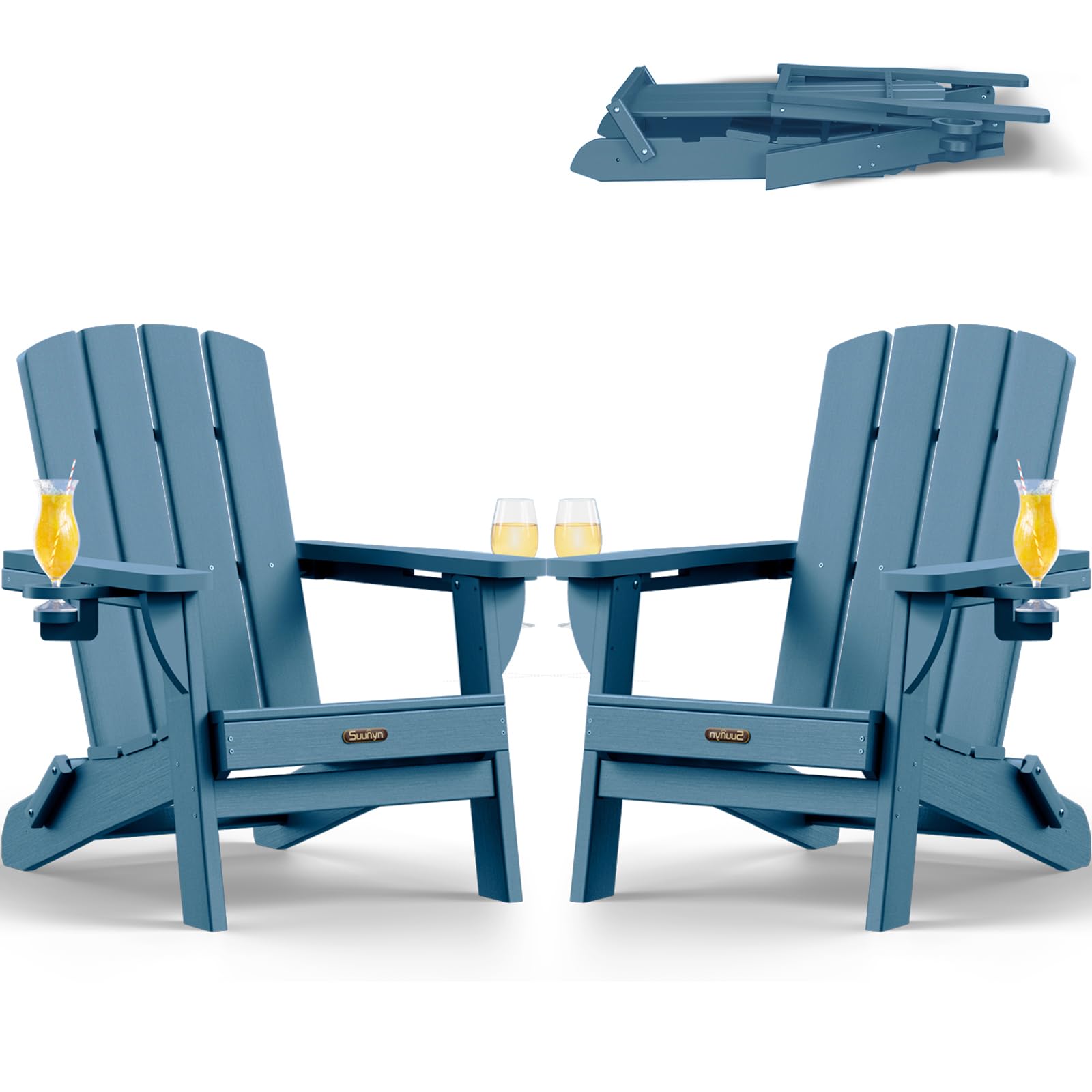 SUUNYN Folding Adirondack Chair 2 Pack, HDPE All-Weather Fire Pit Chairs, Plastic Adirondack Chairs with 2 Cup Holder, Outdoor Lawn Chair for Patio