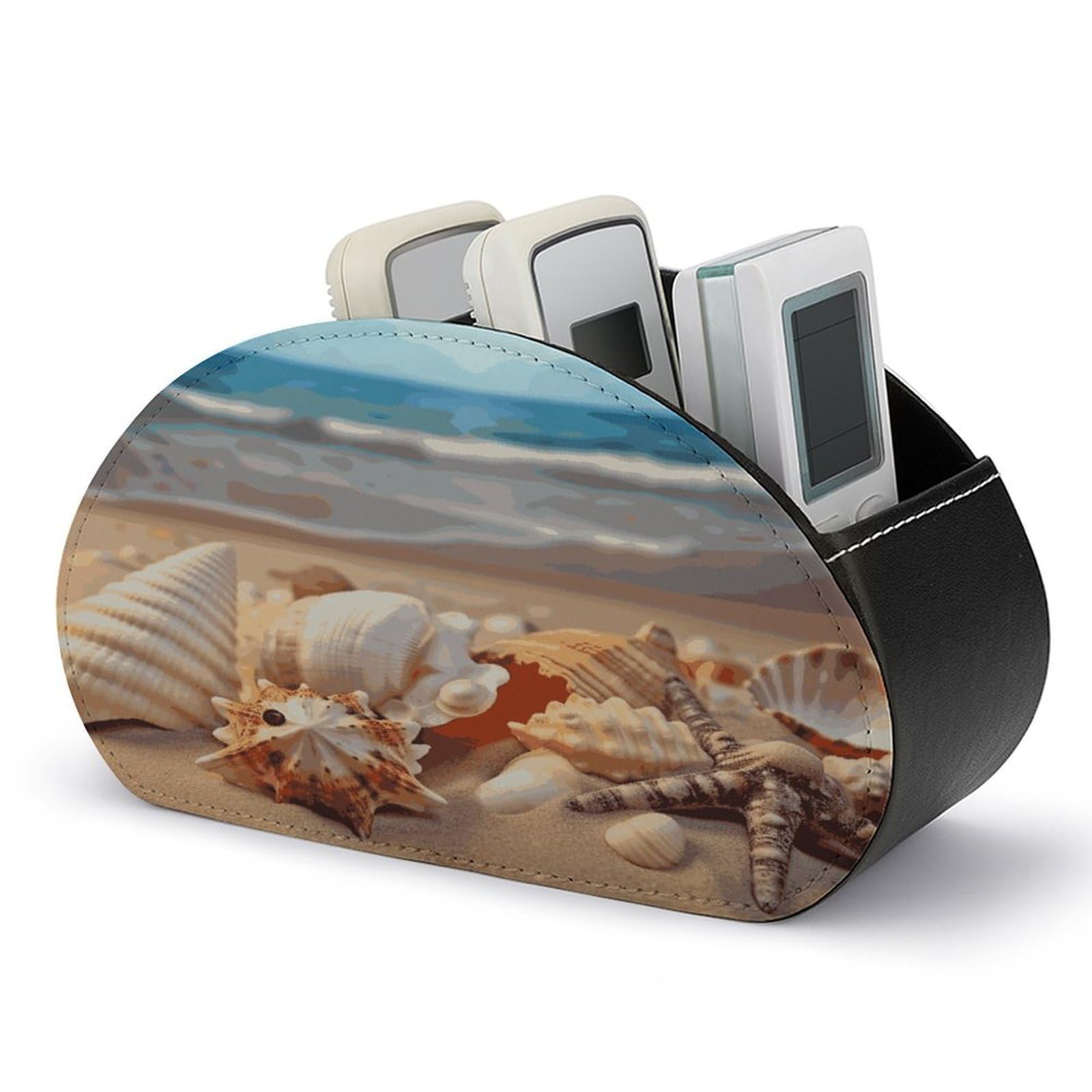 LDGSUPH Seashells on The Sandy Beach Remote Control Holder with 5 Compartments PU Leather TV Remote Caddy Storage Box Multi-functional Desk Storage Organizer Box Anti-slip Desktop Caddy
