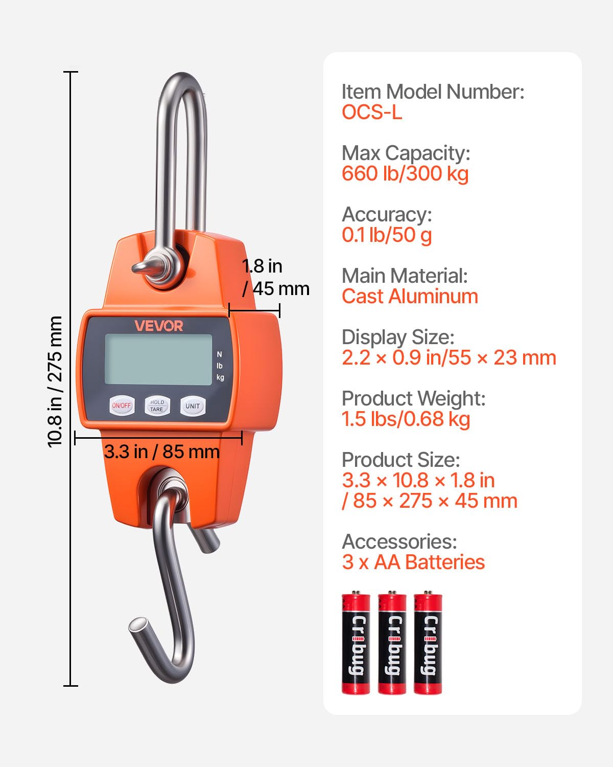 VEVOR Bilancia Digitale a Gancio per Carico Valigia 300kg Portatile LCD Precisione 50g Arancione