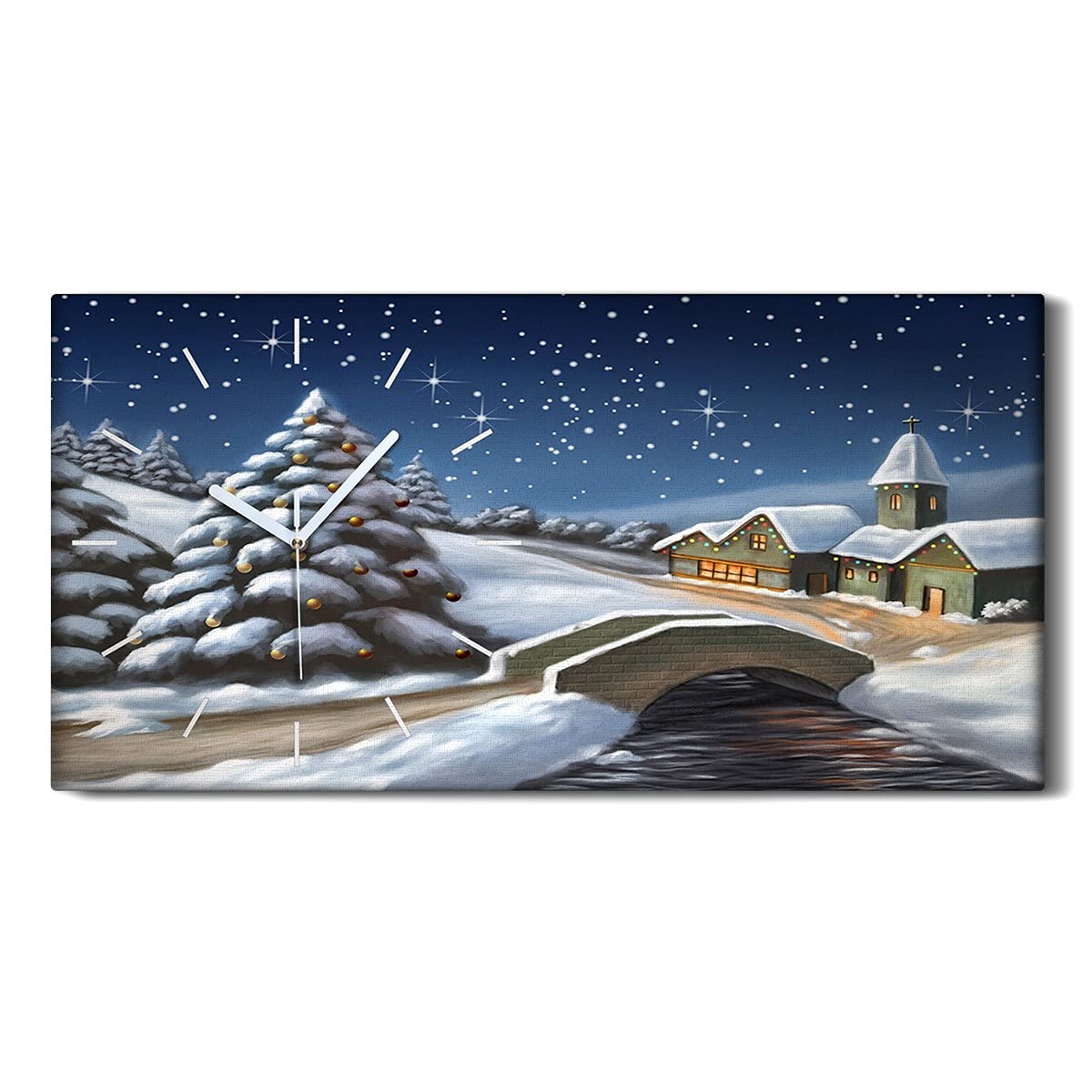 Horloge sur toile 60x30cm paysage de Noël sans tic-tac pour salon