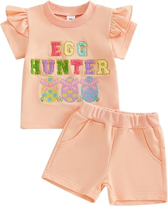 Toddler Baby Boy Girl Easter Outfits Egg Hunter Star Bunny T-shirt Summer Shorts Set Little Kids Matching Easter Outfit