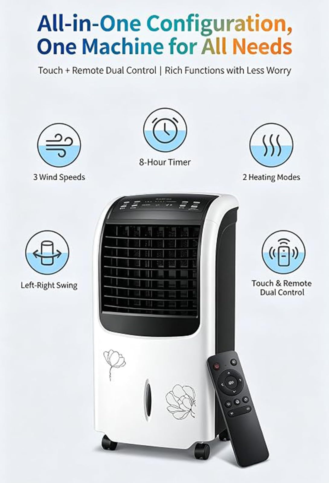 Raffrescatore d'Aria Evaporativo /Ventilatore Con Telecomando Freddo/Caldo Doppio Uso Timer 8H Tre Velocità Della Ventola Due Livelli Di Riscaldamento Oscillazione Sinistra E Destra 38*30*77cm