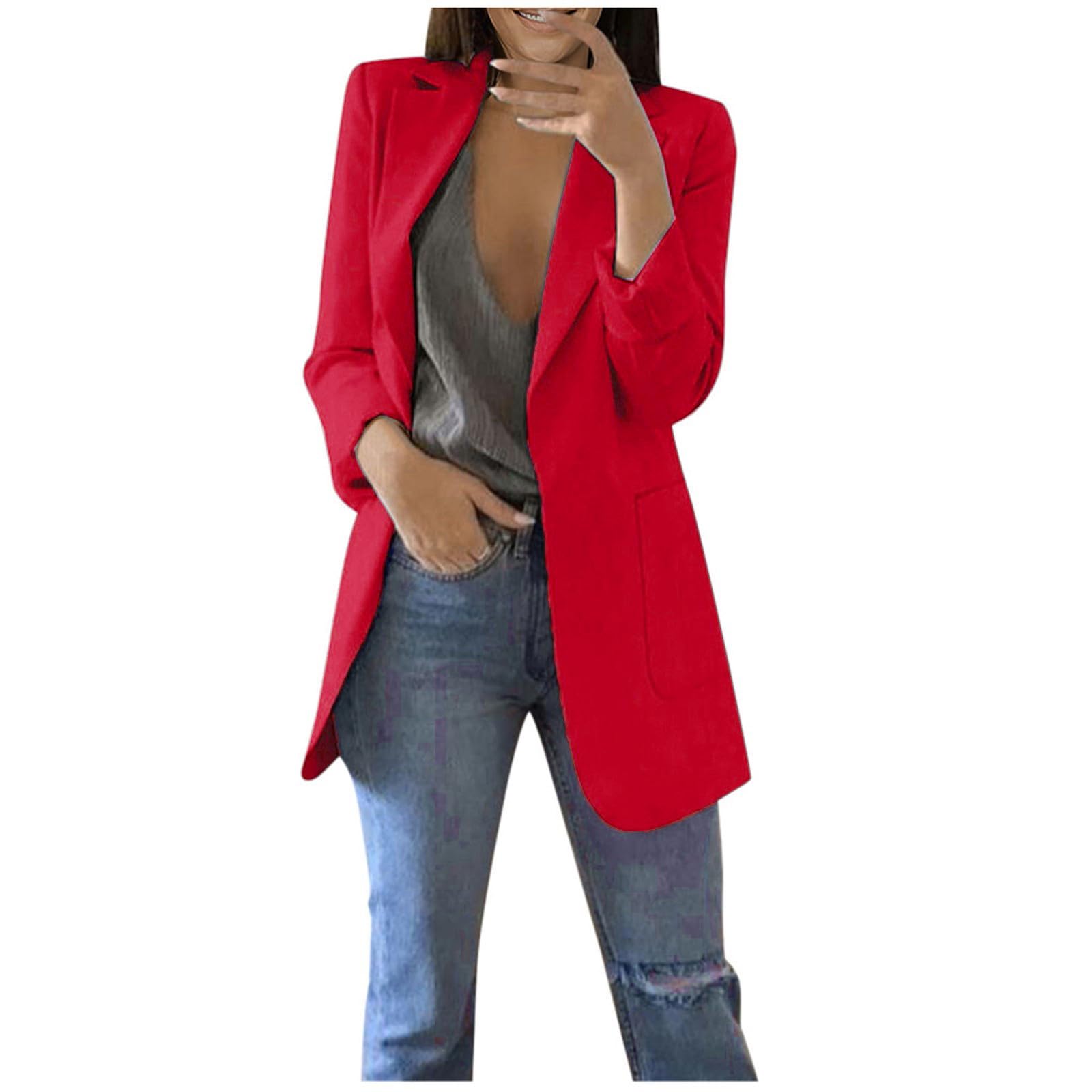 Open Front Blazers for Women Business Casual Mid-Long Notch Lapel Suit Jackets Plus Size Work Office Blazer Outfits