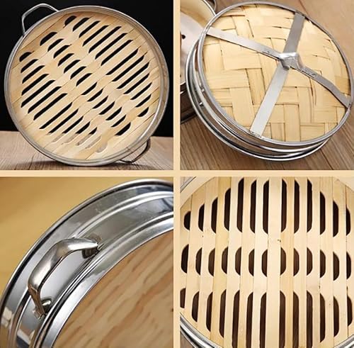 ANSNOW Stainless Steel Steamer 2 Tiers Bamboo Steamer Basket Chinese Natural Rice Cooking Cooker with Lid Bamboo Cooker for Sim Sum Dumplings, Vegetables, Rice, Meat, Fish/1 Layer + 1 Lid/8 Inches - Image 4